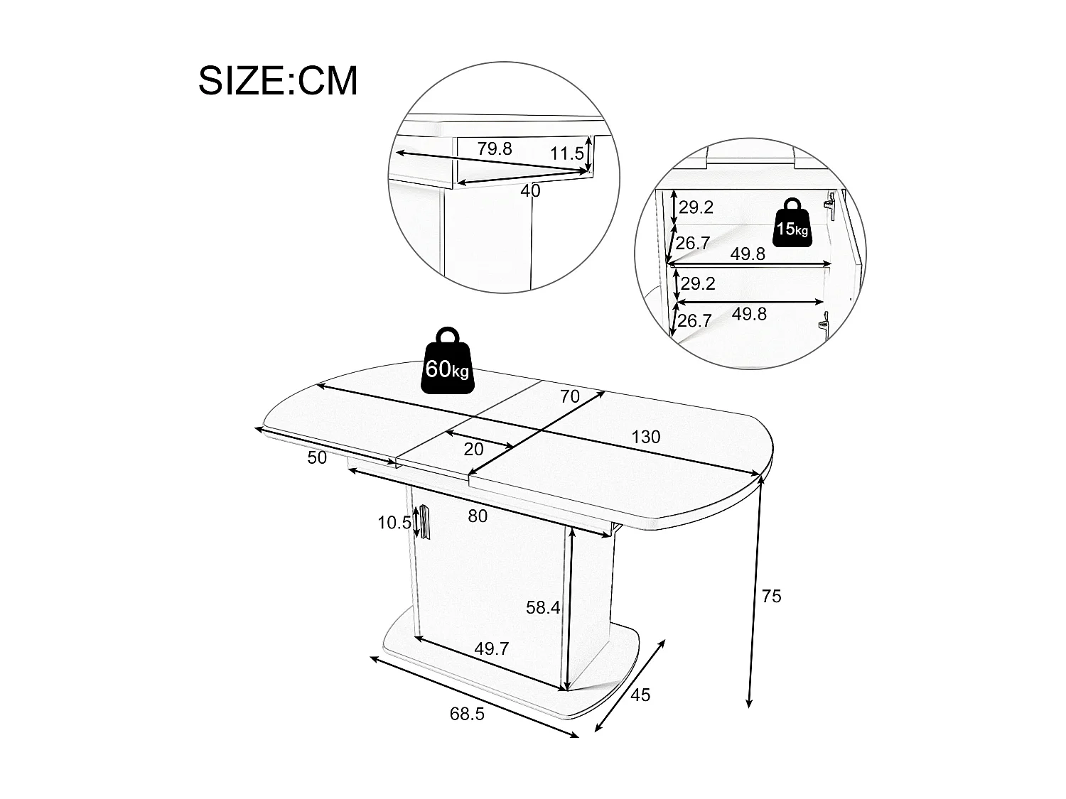 Table à manger ovale extensible - Table gris avec une porte et poignées argentées - avec rangement