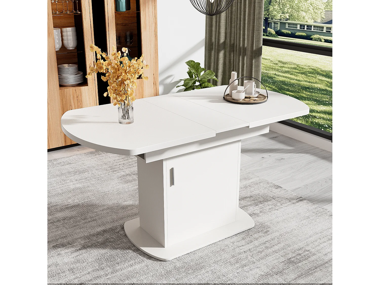 Table à manger ovale extensible - Table blanc avec une porte et poignées argentées - avec rangement