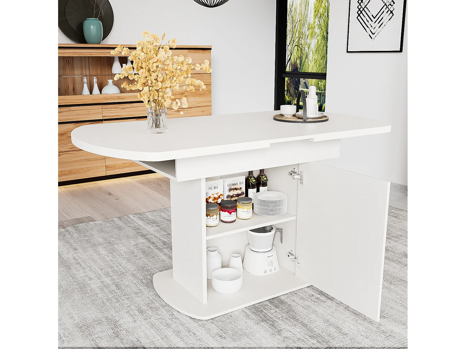 Table à manger ovale extensible - Table blanc avec une porte et poignées argentées - avec rangement