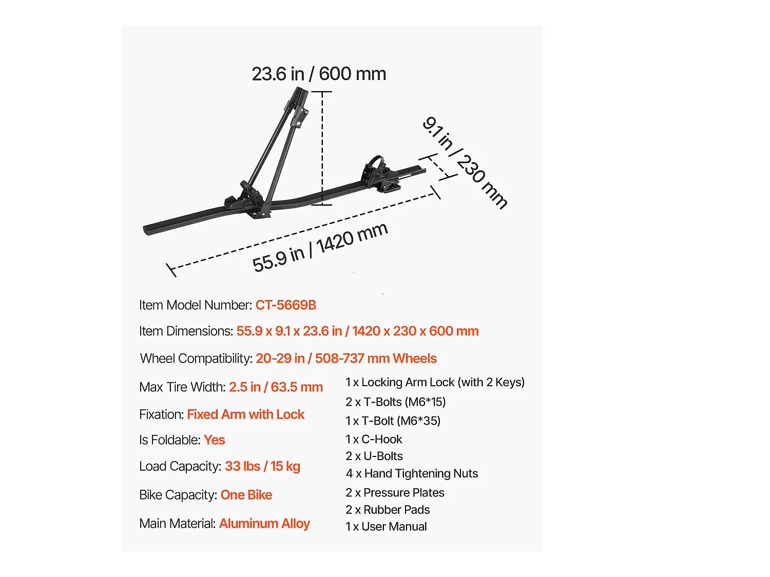 Porte-Vélos SucceBuy de Toit en Aluminium, Capacité de Charge 15 kg, Support pour 1 Vélo, avec Système de Verrouillage Sécurisé, Compatible avec la Plupart
