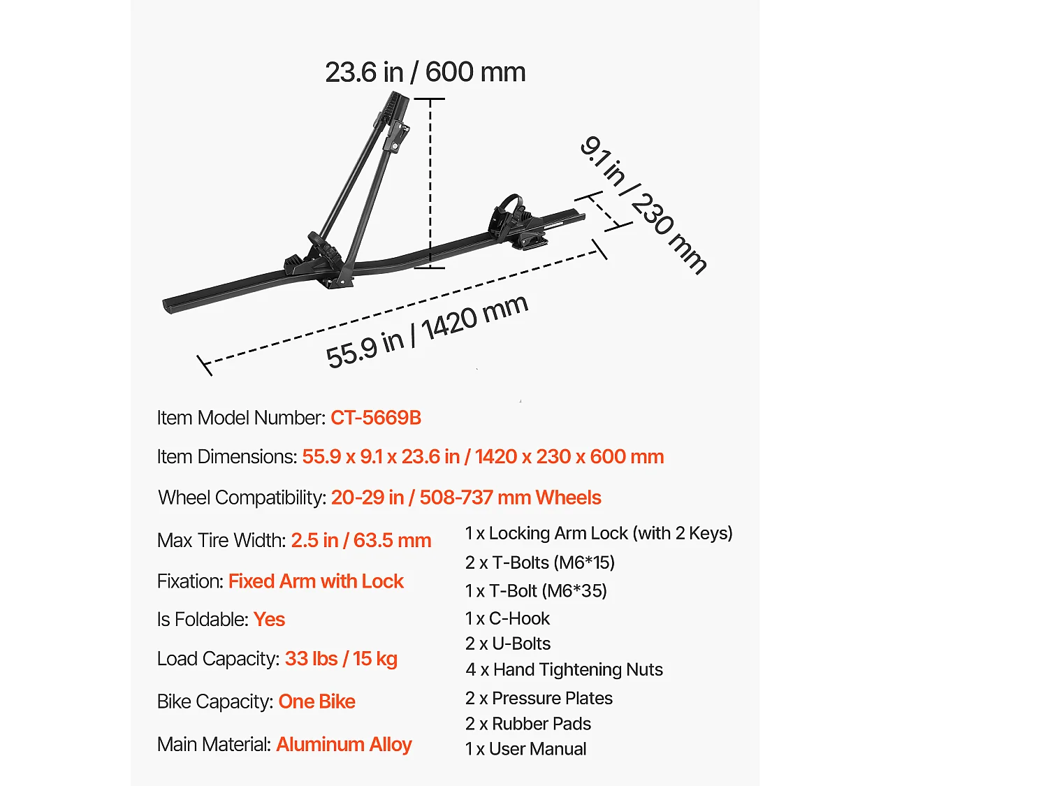 Porte-Vélos SucceBuy de Toit en Aluminium, Capacité de Charge 15 kg, Support pour 1 Vélo, avec Système de Verrouillage Sécurisé, Compatible avec la Plupart