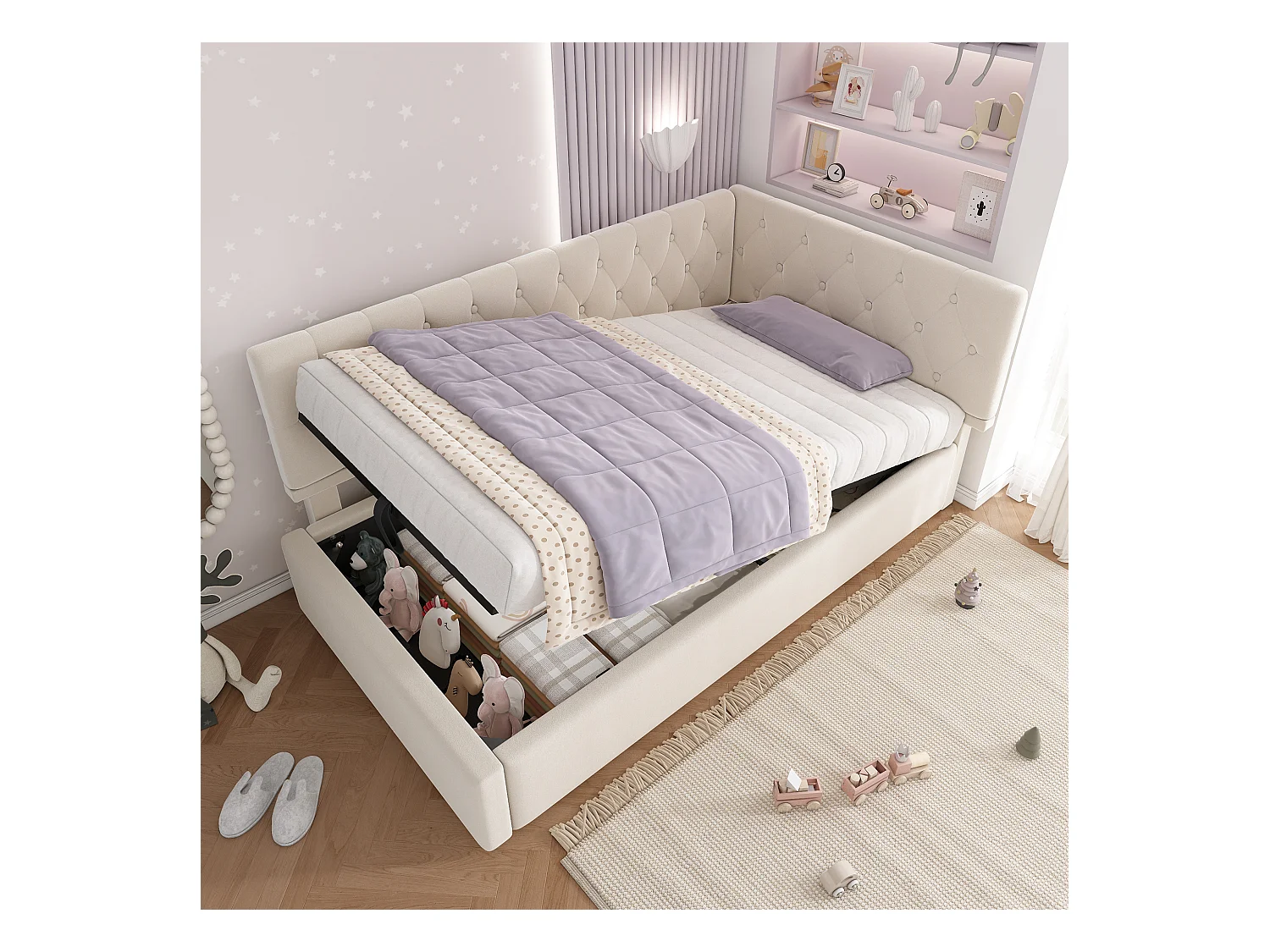 Lit coffre 90 x 190 cm - Lit enfant avec dossier et sommier à lattes en bois - velours beige - sans matelas