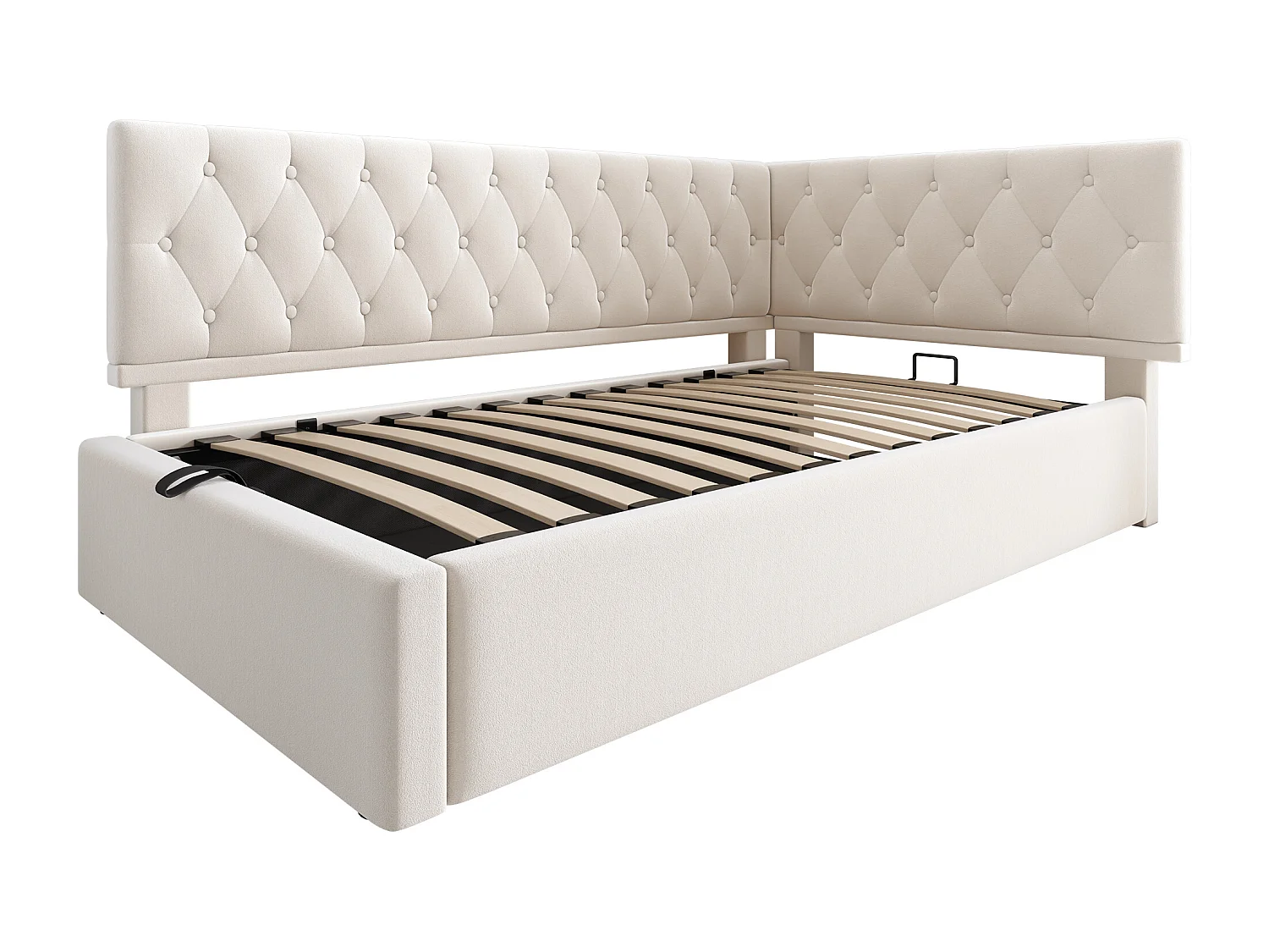 Lit coffre 90 x 190 cm - Lit enfant avec dossier et sommier à lattes en bois - velours beige - sans matelas