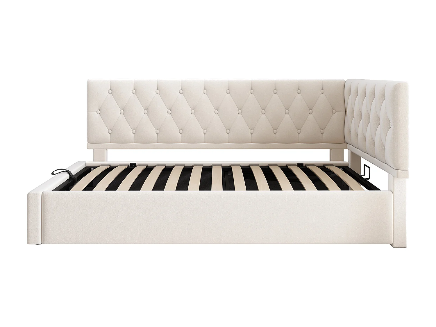 Lit coffre 90 x 190 cm - Lit enfant avec dossier et sommier à lattes en bois - velours beige - sans matelas