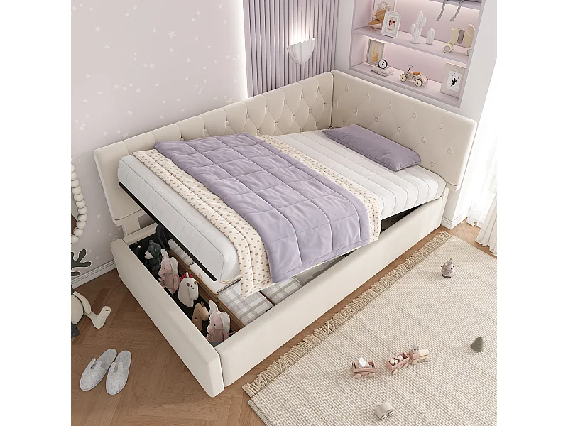 Lit coffre 90 x 190 cm - Lit enfant avec dossier et sommier à lattes en bois - velours beige - sans matelas