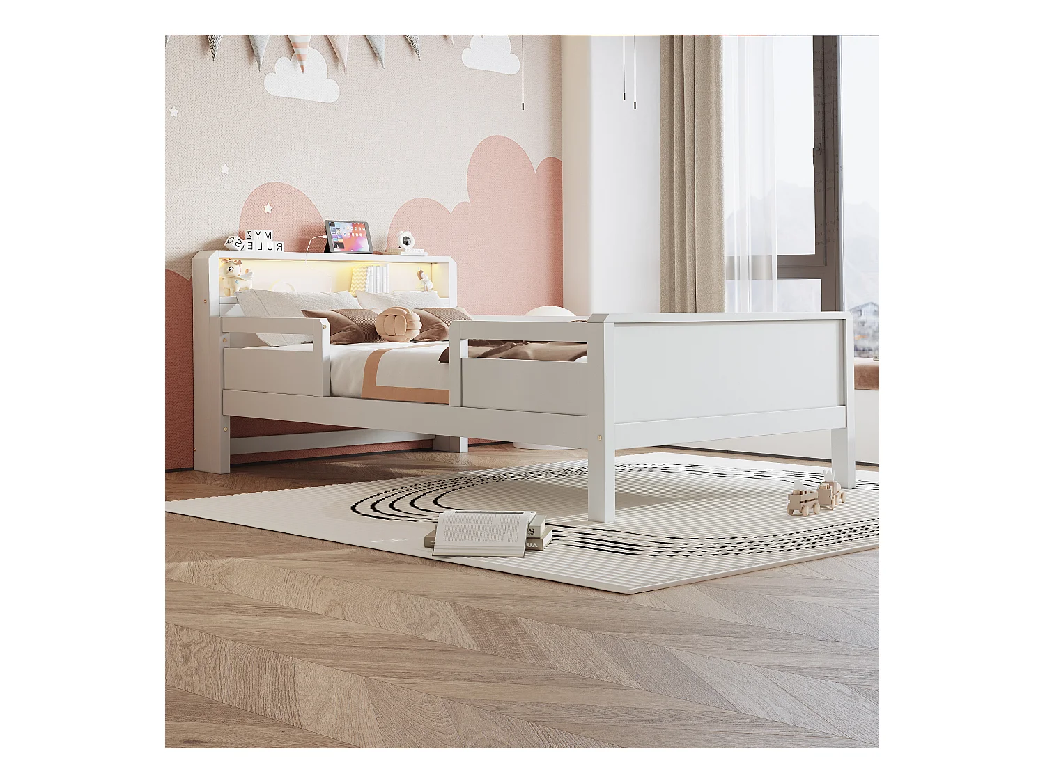 Lit enfant 90 x 200 cm - Lit simple avec éclairage LED et recharge USB - tête de lit avec rangement - blanc bois - matelas non inclus