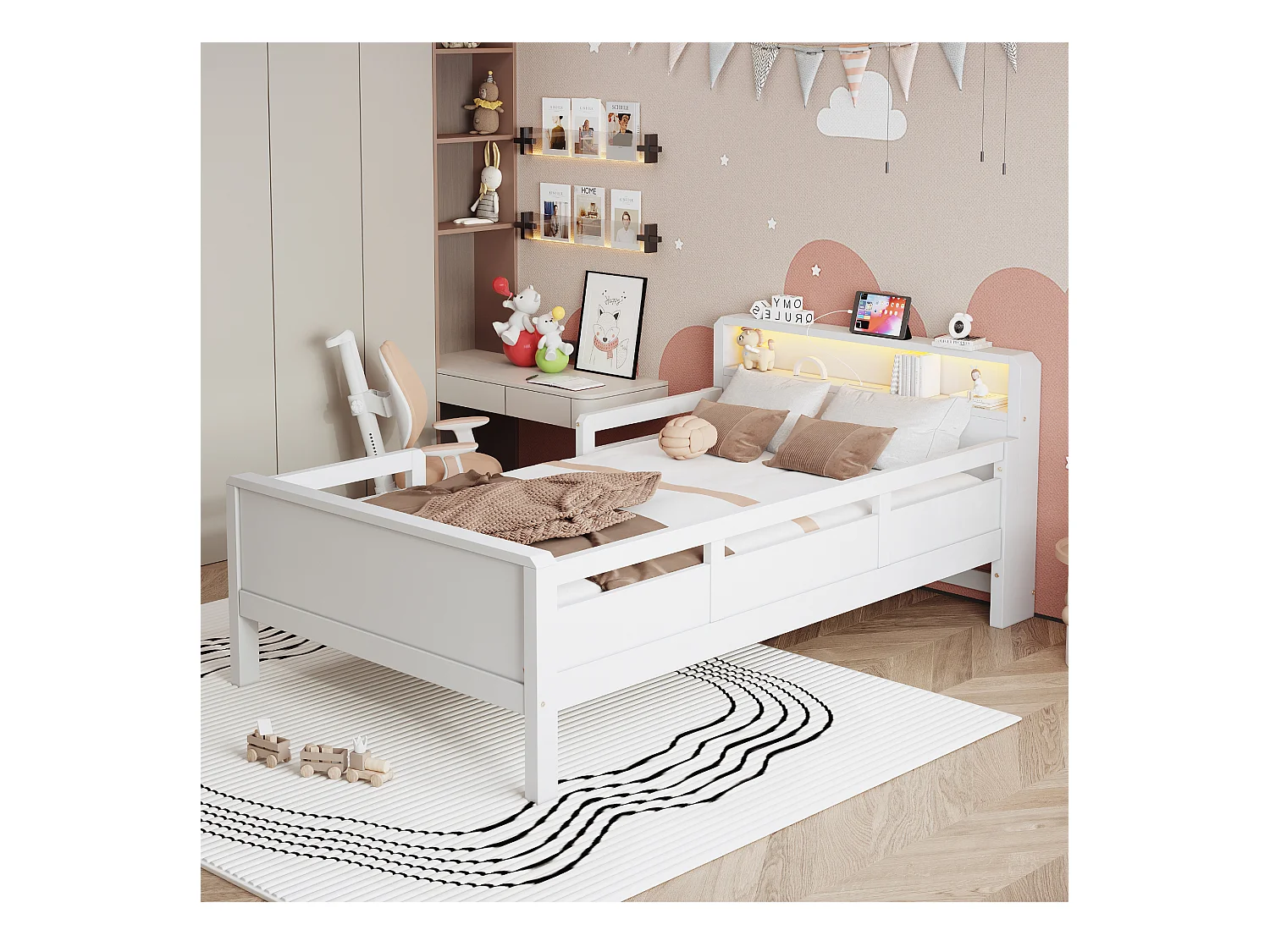 Lit enfant 90 x 200 cm - Lit simple avec éclairage LED et recharge USB - tête de lit avec rangement - blanc bois - matelas non inclus