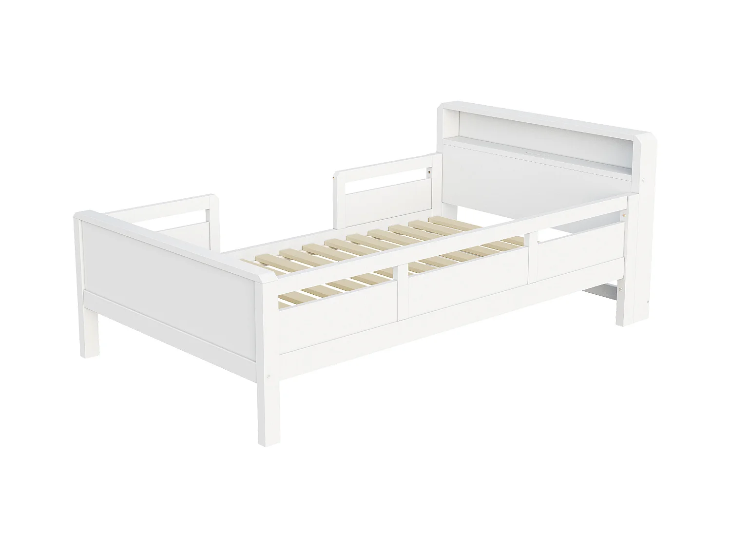Lit enfant 90 x 200 cm - Lit simple avec éclairage LED et recharge USB - tête de lit avec rangement - blanc bois - matelas non inclus