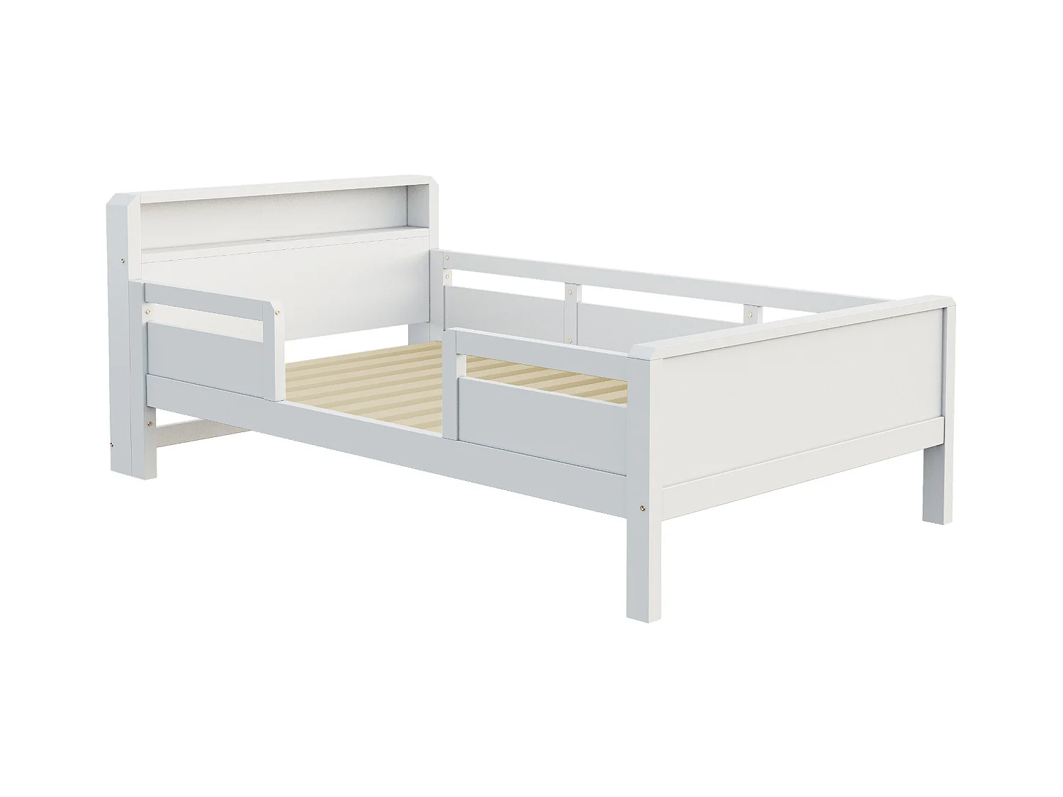 Lit enfant 90 x 200 cm - Lit simple avec éclairage LED et recharge USB - tête de lit avec rangement - blanc bois - matelas non inclus
