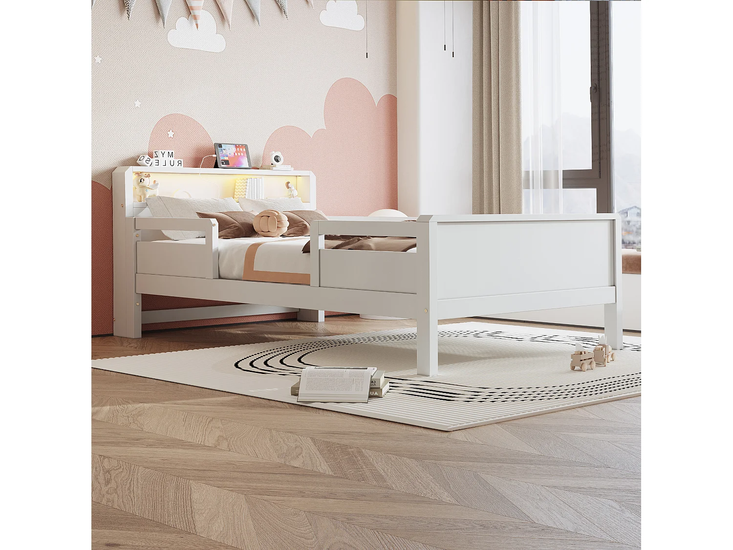 Lit enfant 90 x 200 cm - Lit simple avec éclairage LED et recharge USB - tête de lit avec rangement - blanc bois - matelas non inclus