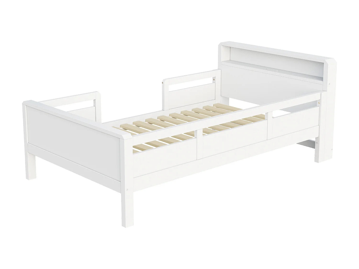 Lit enfant 90 x 200 cm - Lit simple avec éclairage LED et recharge USB - tête de lit avec rangement - blanc bois - matelas non inclus