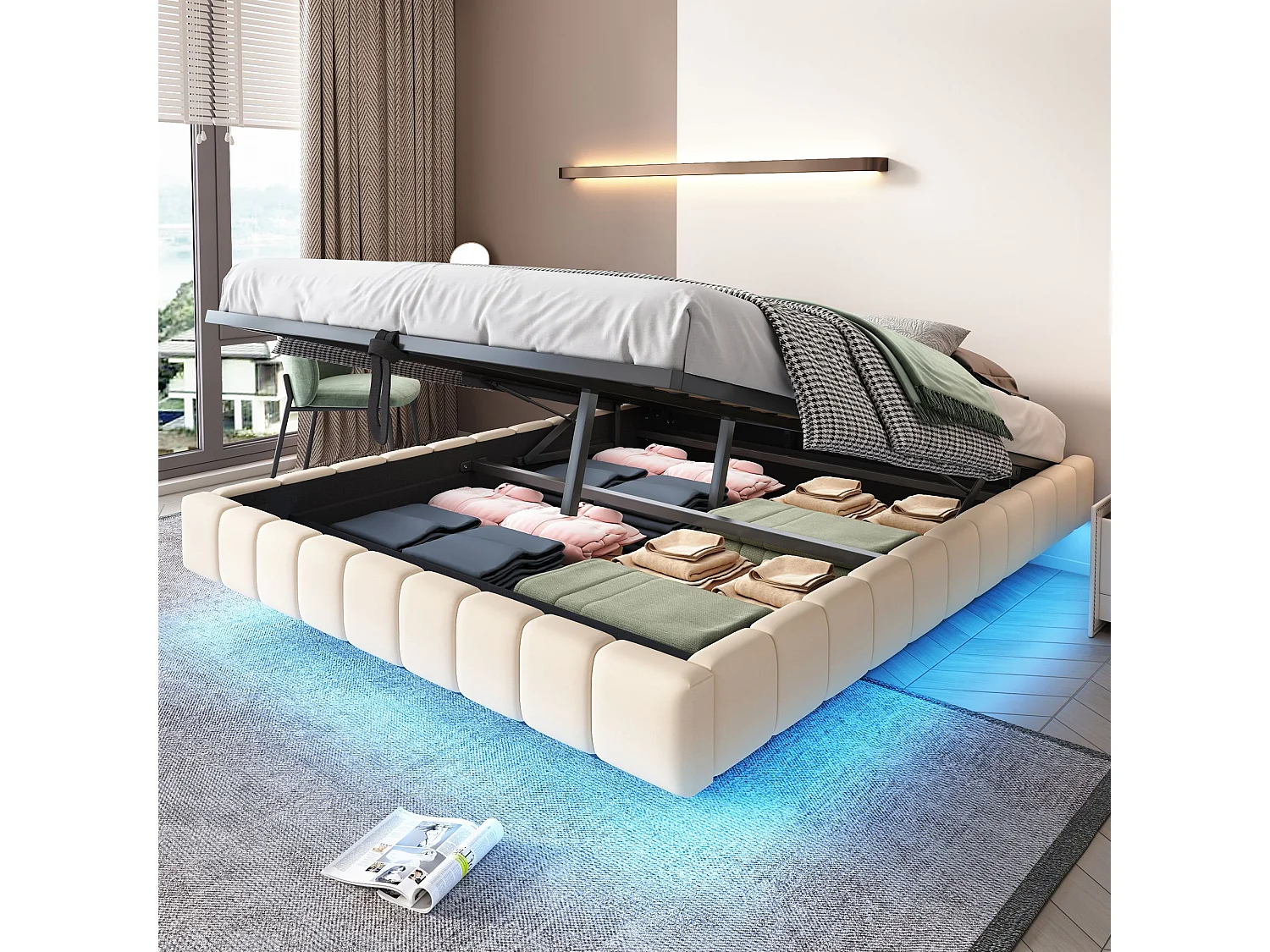 Lit coffre 160x200 cm - Lit adulte avec éclairage LED - sans tête de lit - lin beige - sans matelas