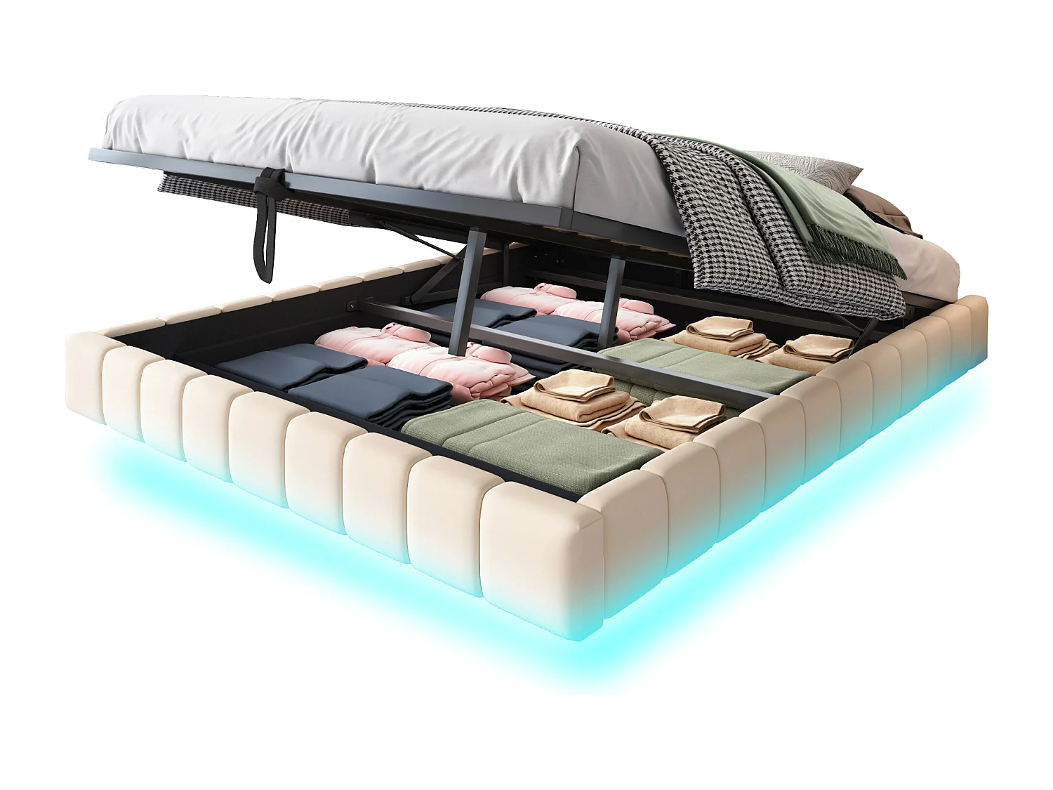 Lit coffre 160x200 cm - Lit adulte avec éclairage LED - sans tête de lit - lin beige - sans matelas