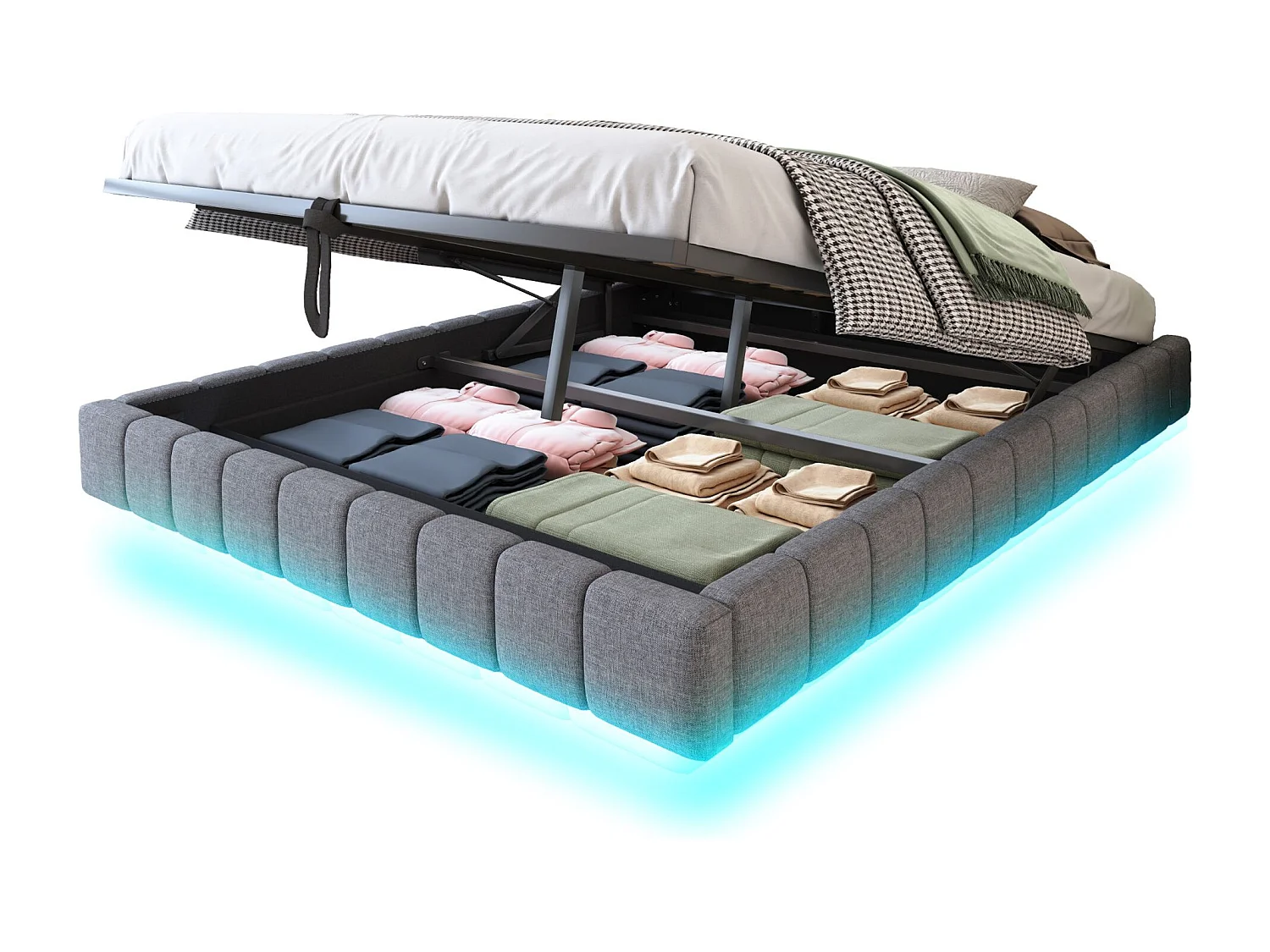 Lit coffre 160x200 cm - Lit adulte avec éclairage LED - sans tête de lit - lin gris - sans matelas