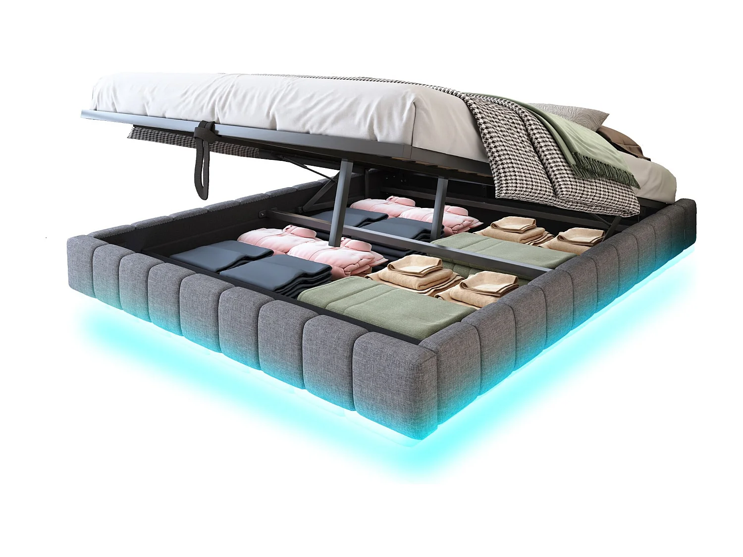 Opbergbed 180x200 cm - Volwassen bed met LED-verlichting - zonder hoofdeinde - grijs linnen - zonder matras