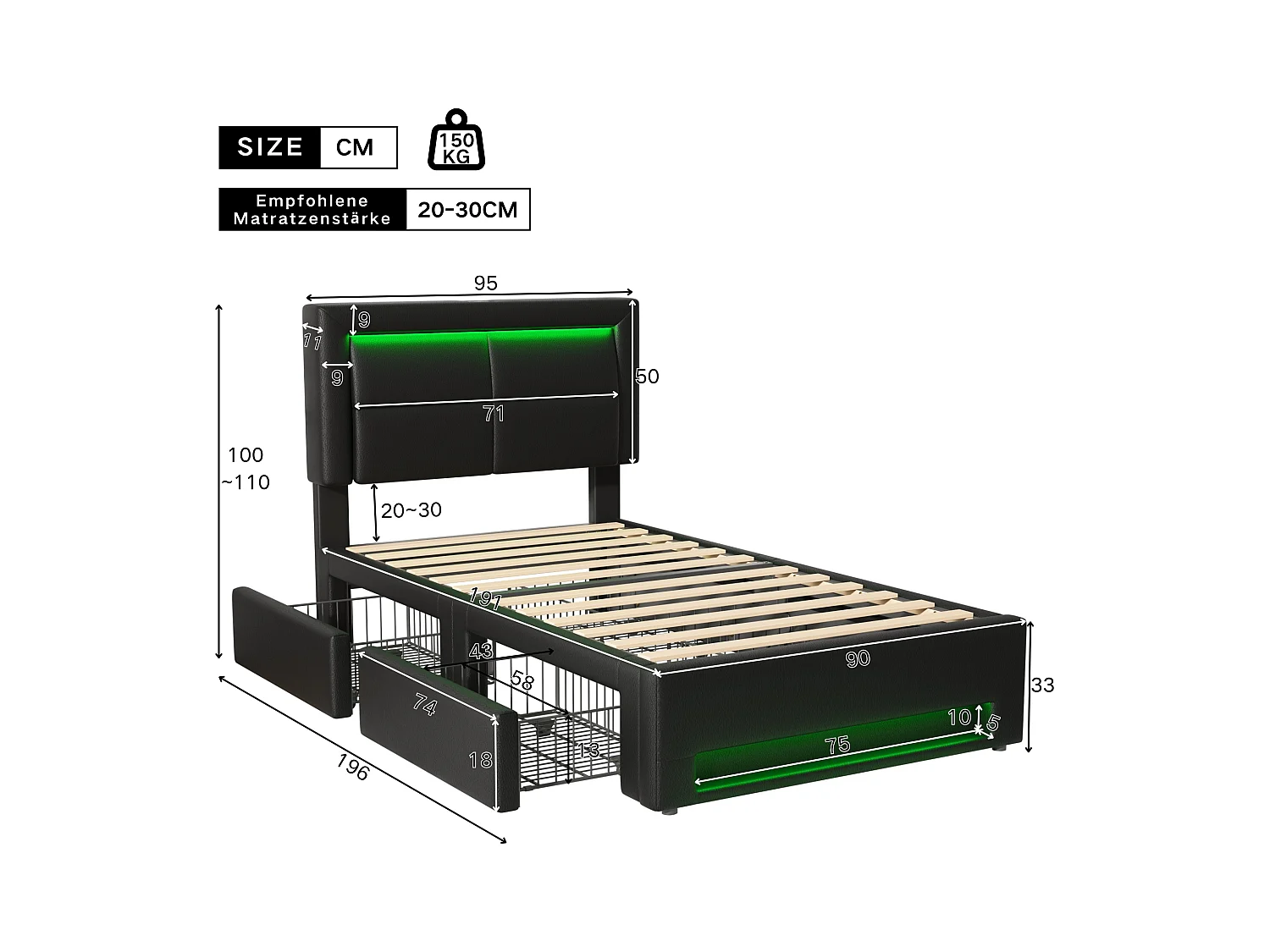 Lit simple 90 x 190 cm - Lit enfant avec quatre tiroirs et éclairage LED - port USB - PU noir - matelas non inclus