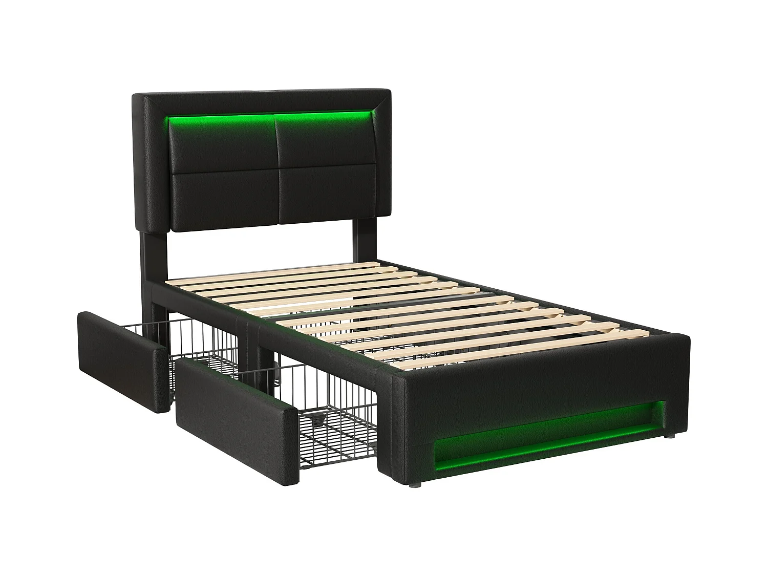Lit simple 90 x 190 cm - Lit enfant avec quatre tiroirs et éclairage LED - port USB - PU noir - matelas non inclus