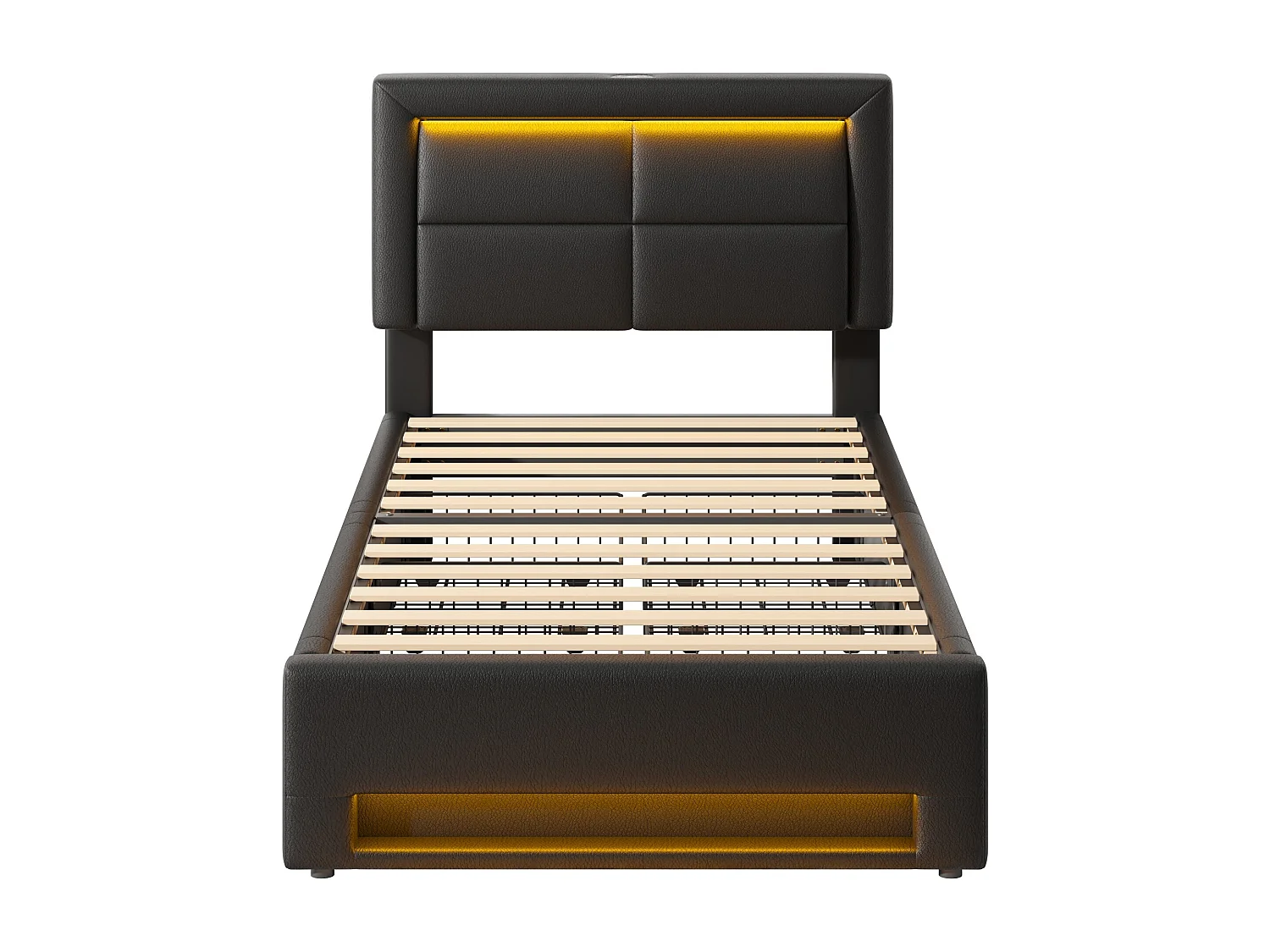 Lit simple 90 x 190 cm - Lit enfant avec quatre tiroirs et éclairage LED - port USB - PU noir - matelas non inclus