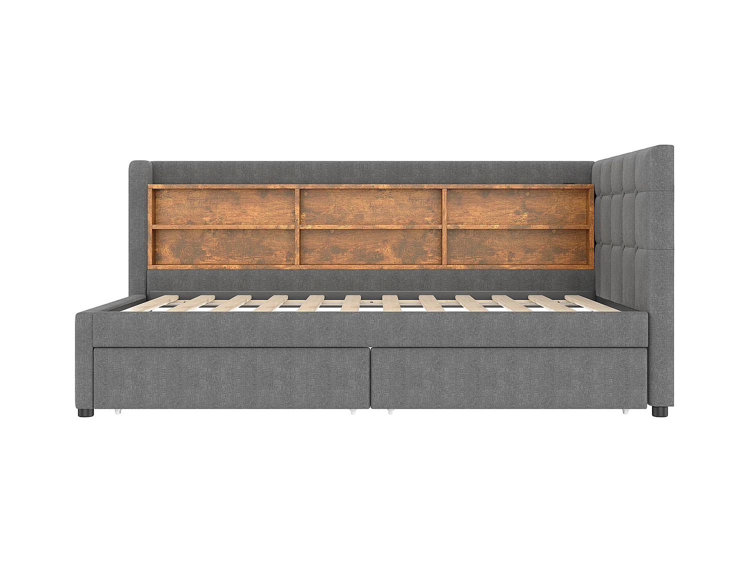 Lit simple 90 x 200 cm - Canapé-lit 2 tiroirs avec chargeur USB - nombreux rangements - lin gris - matelas non inclus