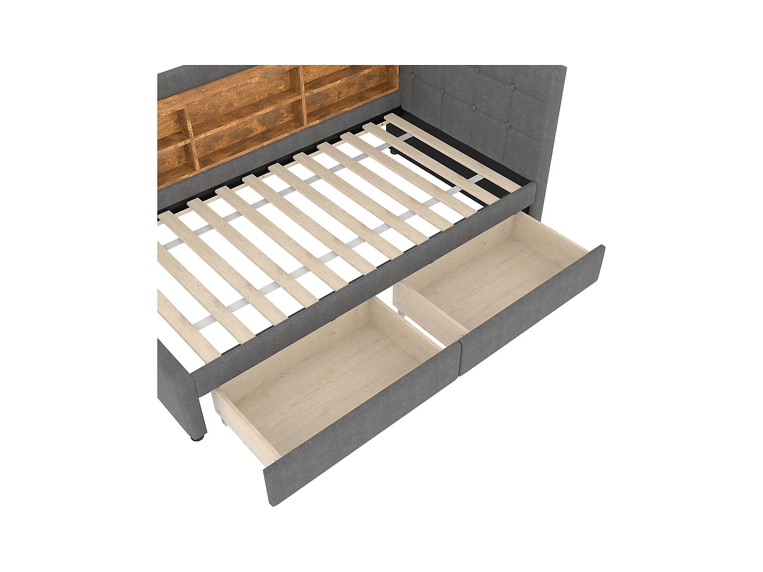 Lit simple 90 x 200 cm - Canapé-lit 2 tiroirs avec chargeur USB - nombreux rangements - lin gris - matelas non inclus