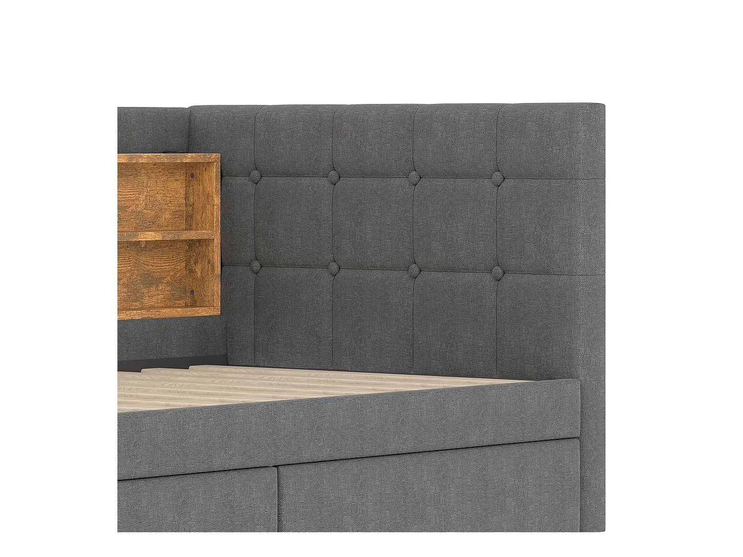 Lit simple 90 x 200 cm - Canapé-lit 2 tiroirs avec chargeur USB - nombreux rangements - lin gris - matelas non inclus