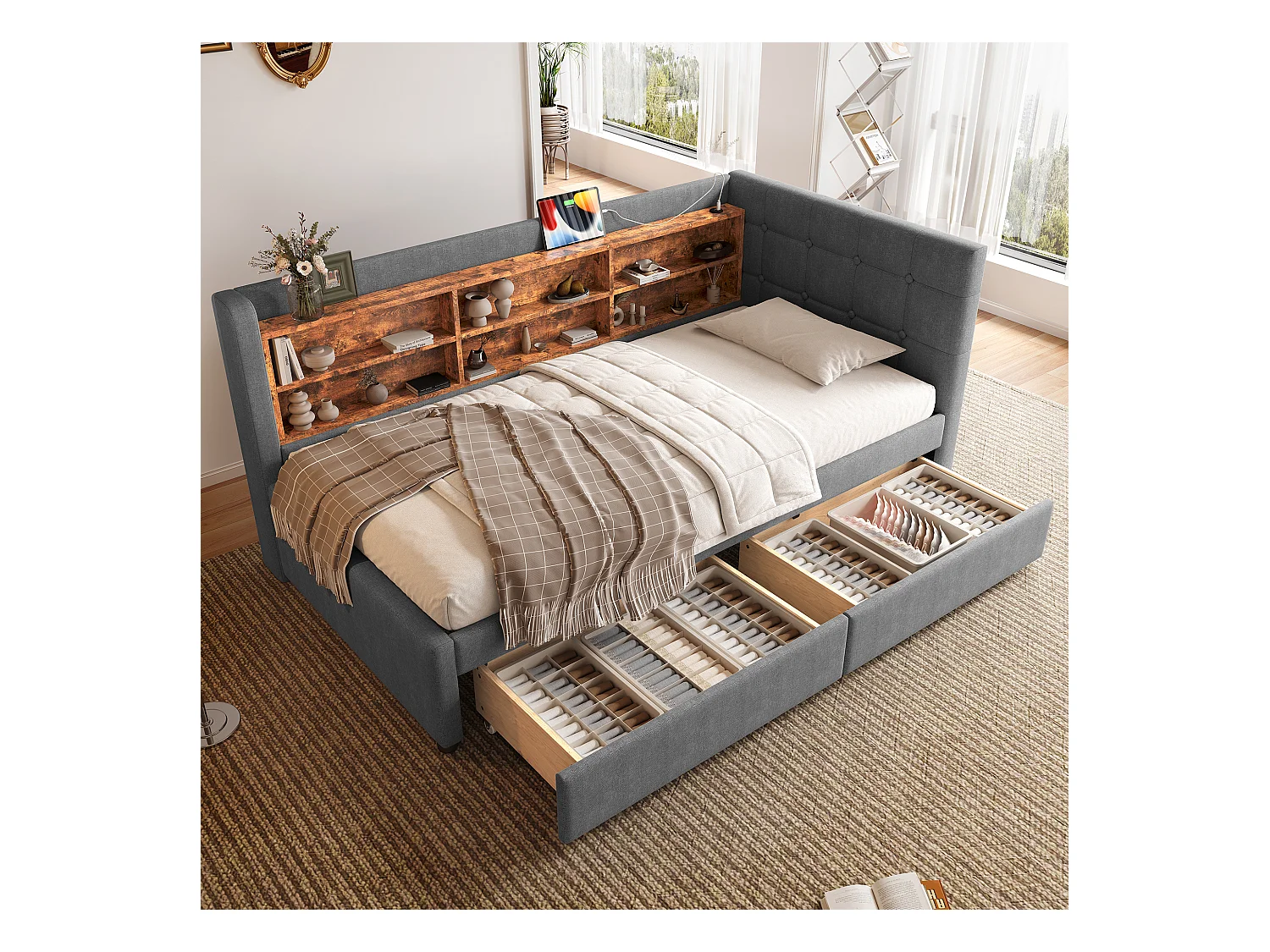 Lit simple 90 x 200 cm - Canapé-lit 2 tiroirs avec chargeur USB - nombreux rangements - lin gris - matelas non inclus
