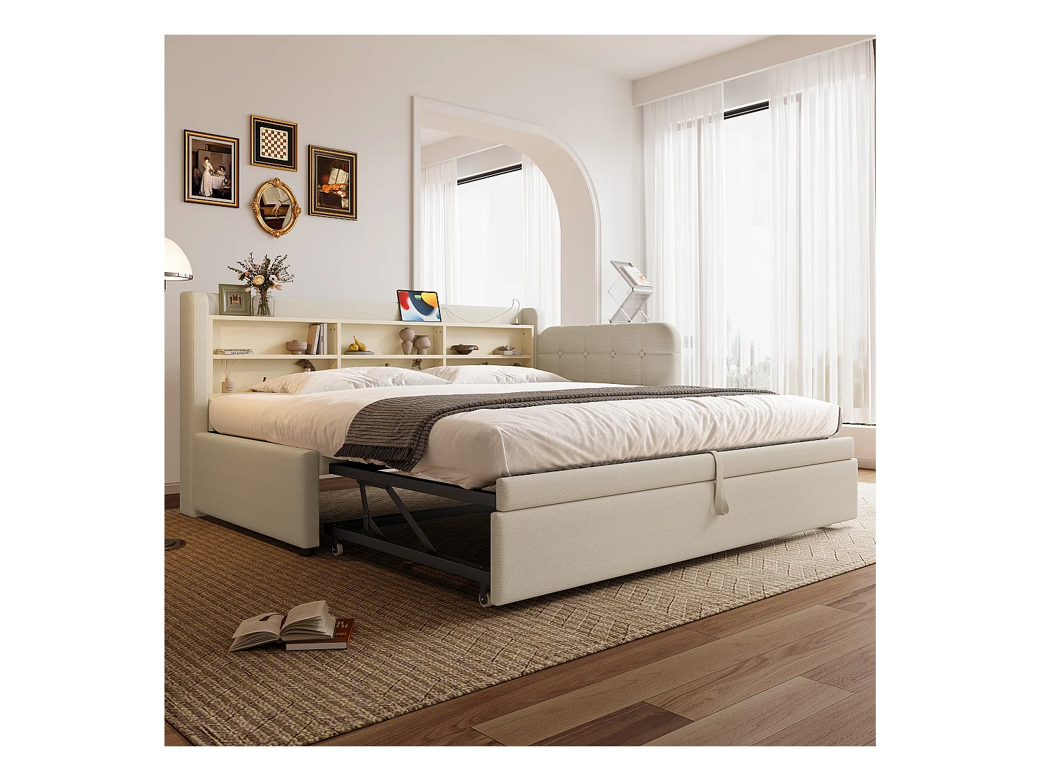 Lit gigogne 90/180 x 200 cm - Lit double avec accoudoirs et chargeur USB - nombreux rangements - lin beige - matelas non inclus