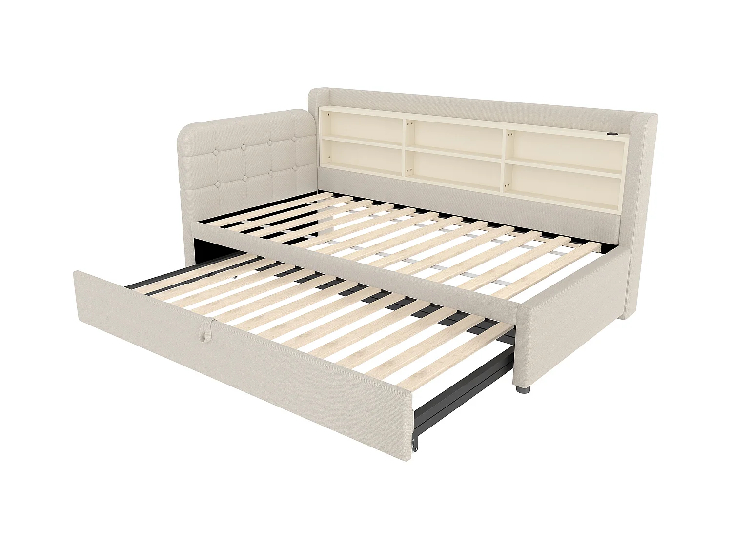 Lit gigogne 90/180 x 200 cm - Lit double avec accoudoirs et chargeur USB - nombreux rangements - lin beige - matelas non inclus