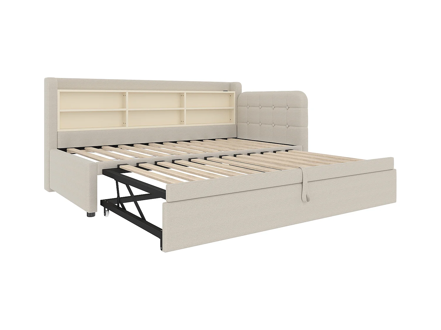 Lit gigogne 90/180 x 200 cm - Lit double avec accoudoirs et chargeur USB - nombreux rangements - lin beige - matelas non inclus