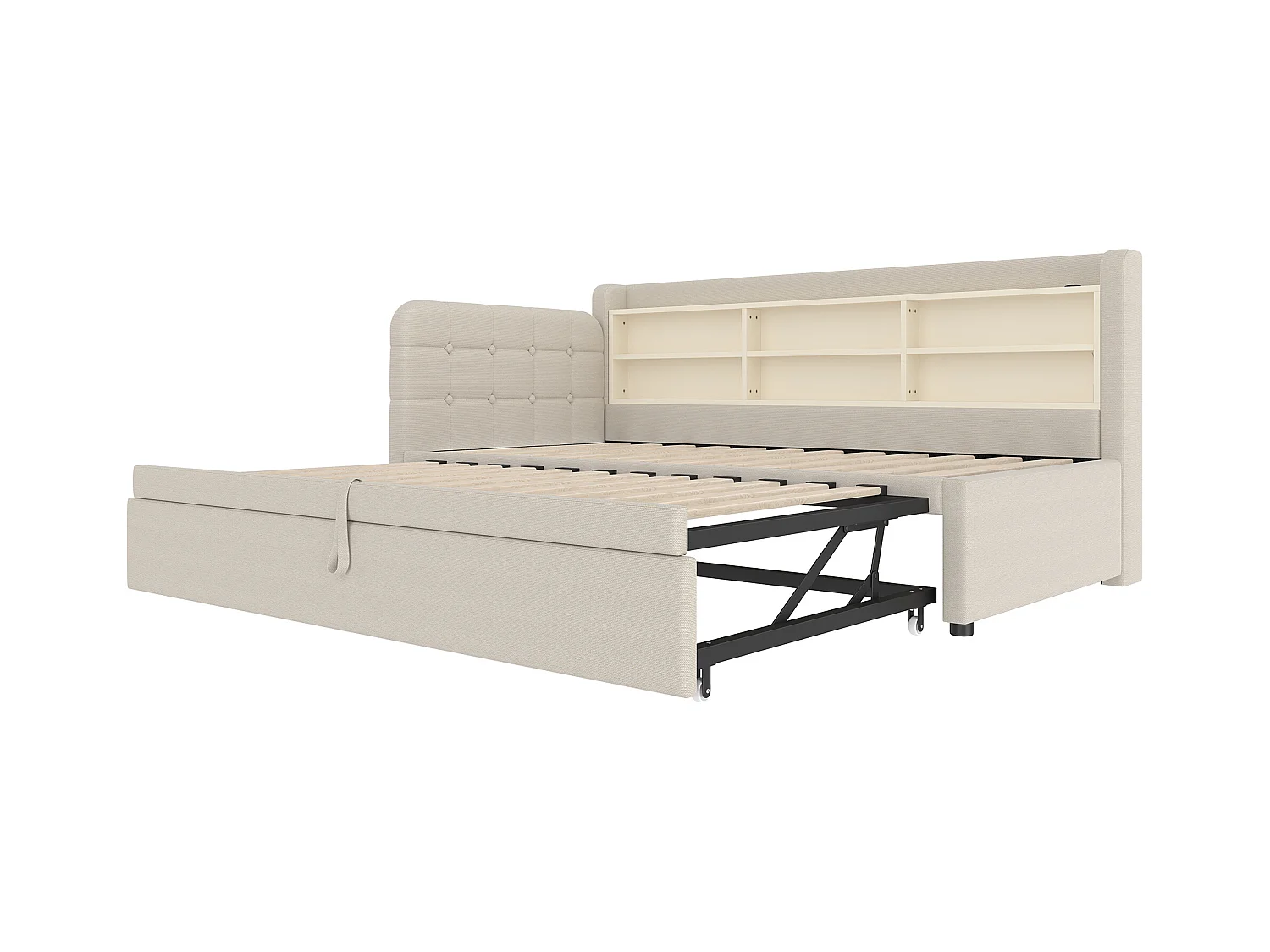 Lit gigogne 90/180 x 200 cm - Lit double avec accoudoirs et chargeur USB - nombreux rangements - lin beige - matelas non inclus