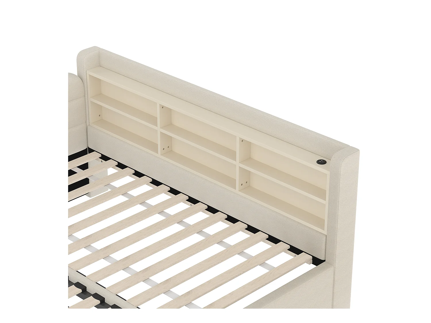 Lit gigogne 90/180 x 200 cm - Lit double avec accoudoirs et chargeur USB - nombreux rangements - lin beige - matelas non inclus