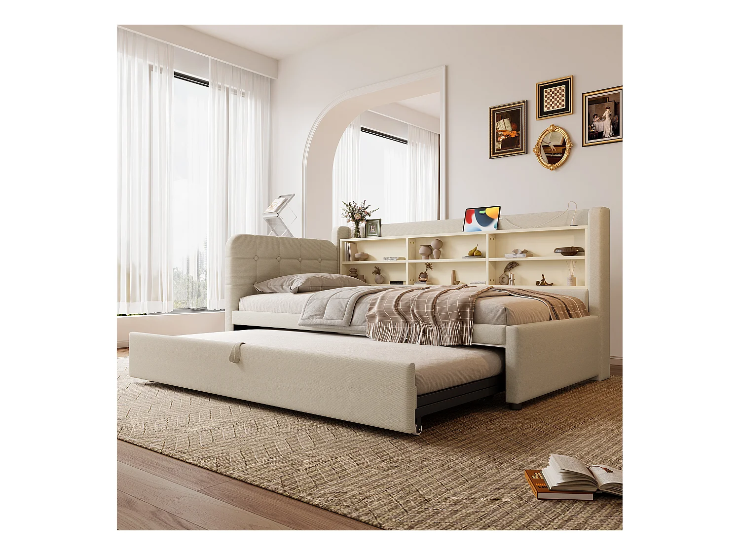 Lit gigogne 90/180 x 200 cm - Lit double avec accoudoirs et chargeur USB - nombreux rangements - lin beige - matelas non inclus