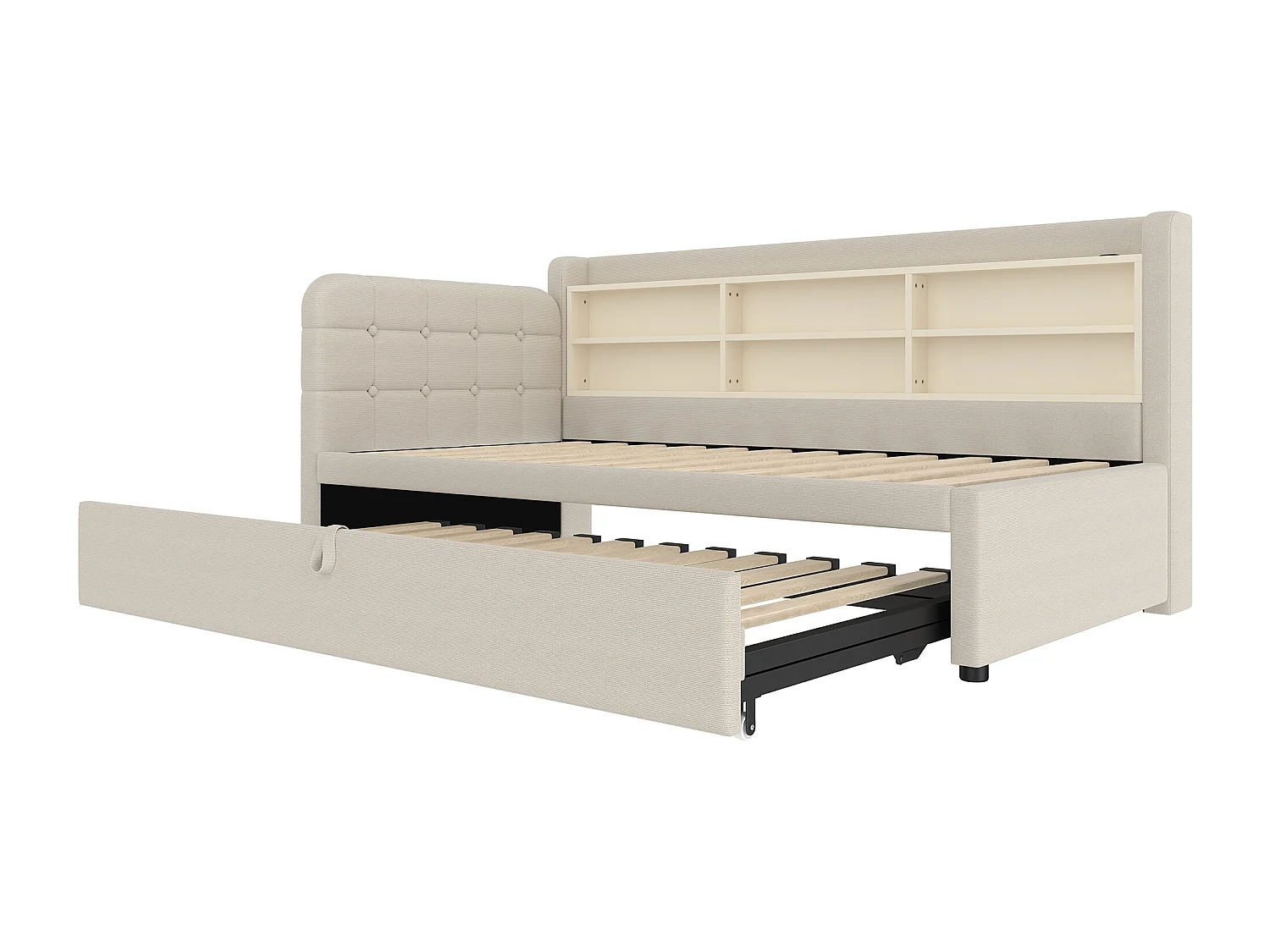 Ausziehbett 90/180 x 200 cm – Doppelbett mit Armlehnen und USB-Ladegerät – viel Stauraum – beigefarbenes Leinen – Matratze nicht enthalten