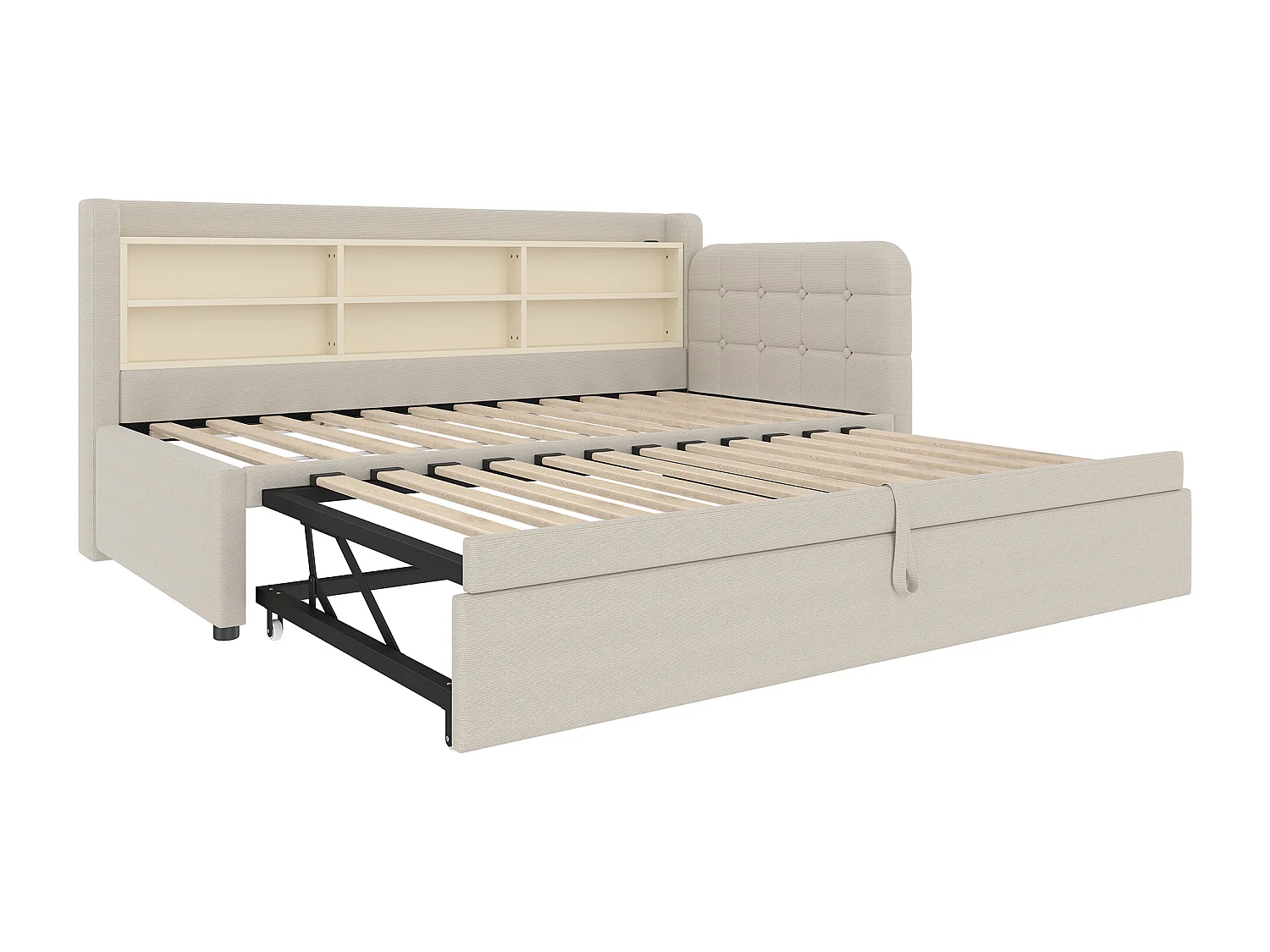 Ausziehbett 90/180 x 200 cm – Doppelbett mit Armlehnen und USB-Ladegerät – viel Stauraum – beigefarbenes Leinen – Matratze nicht enthalten