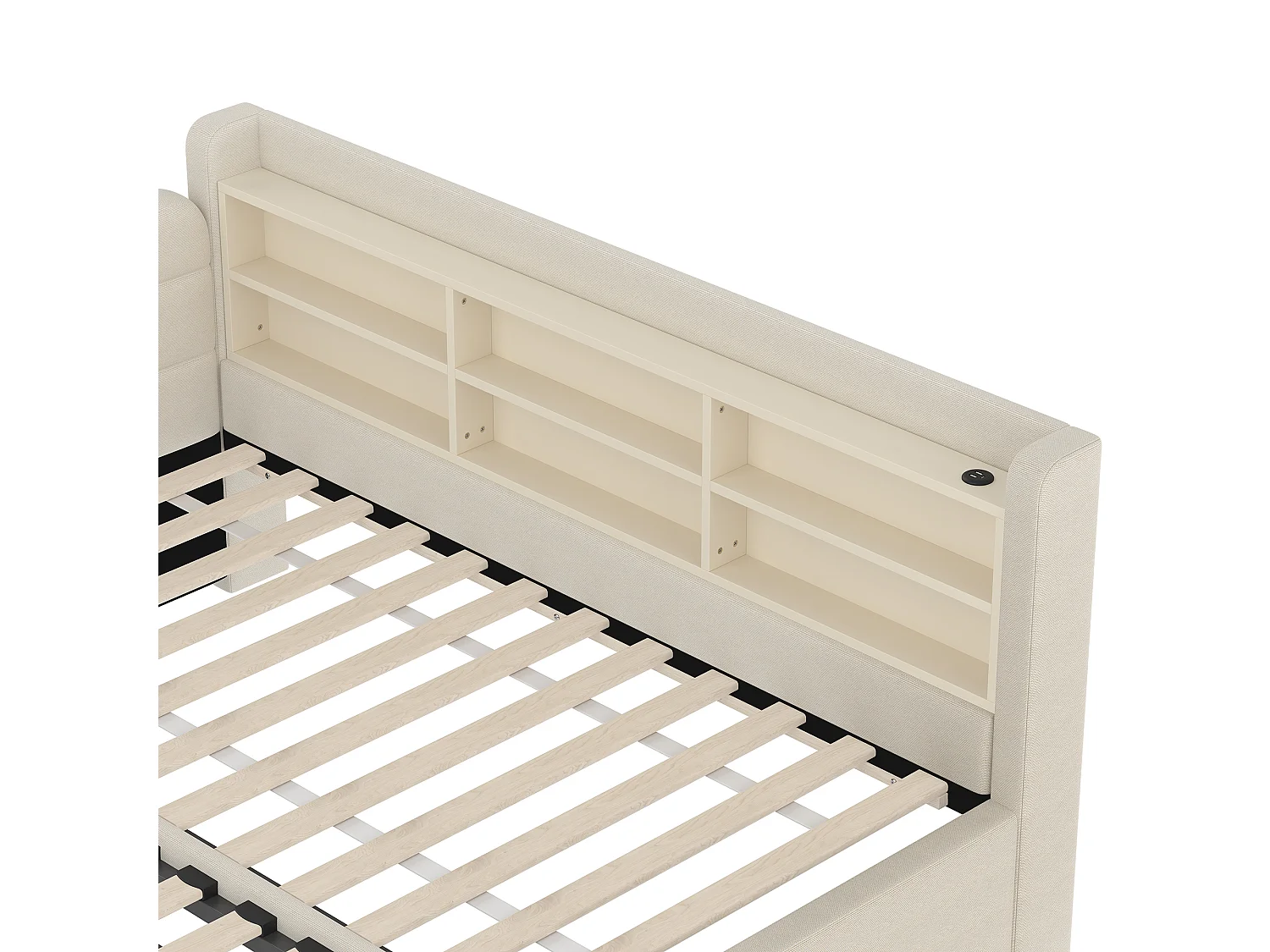 Ausziehbett 90/180 x 200 cm – Doppelbett mit Armlehnen und USB-Ladegerät – viel Stauraum – beigefarbenes Leinen – Matratze nicht enthalten