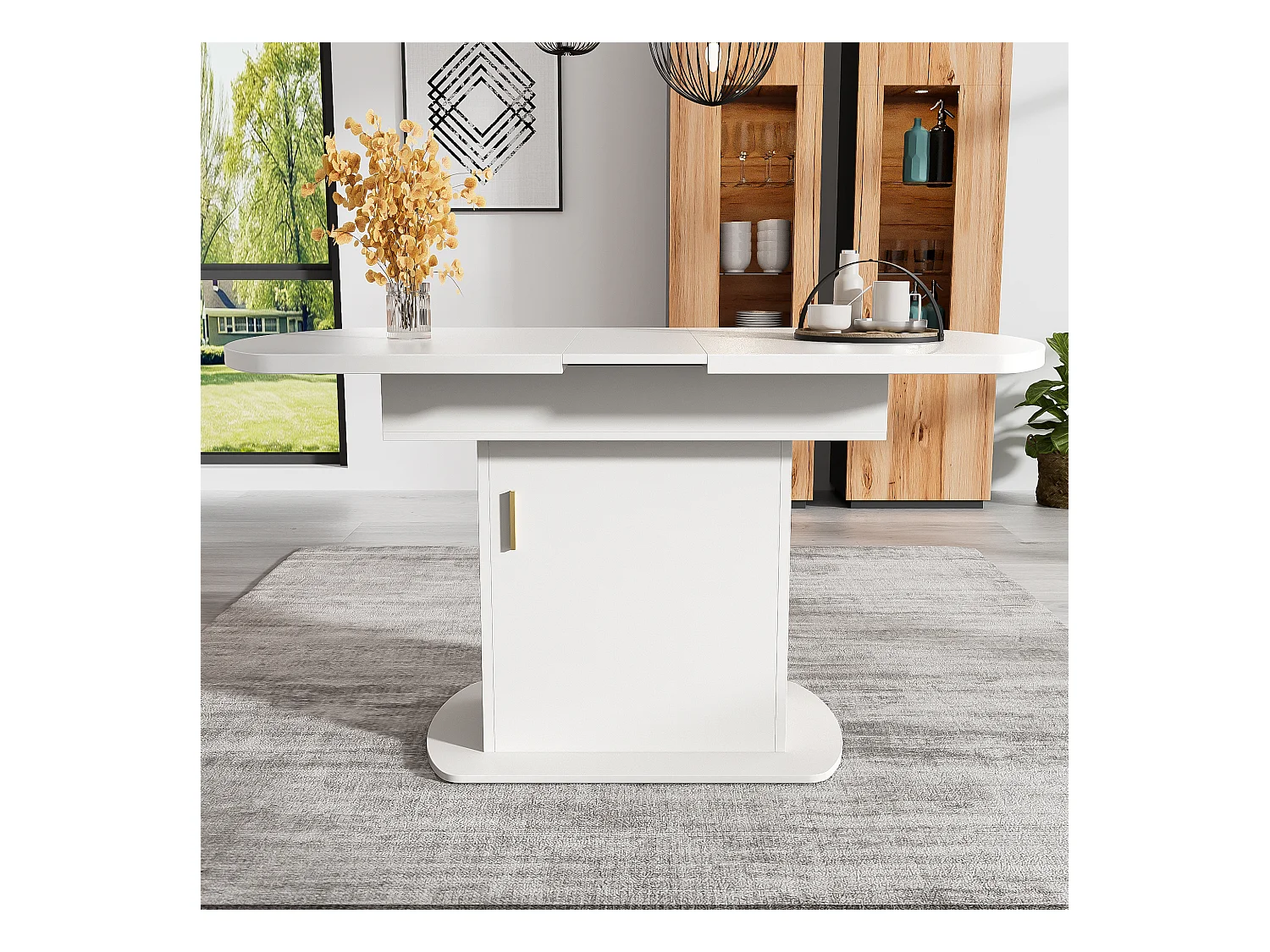 Table à manger ovale extensible - Table blanc avec une porte et poignées dorées - avec rangement