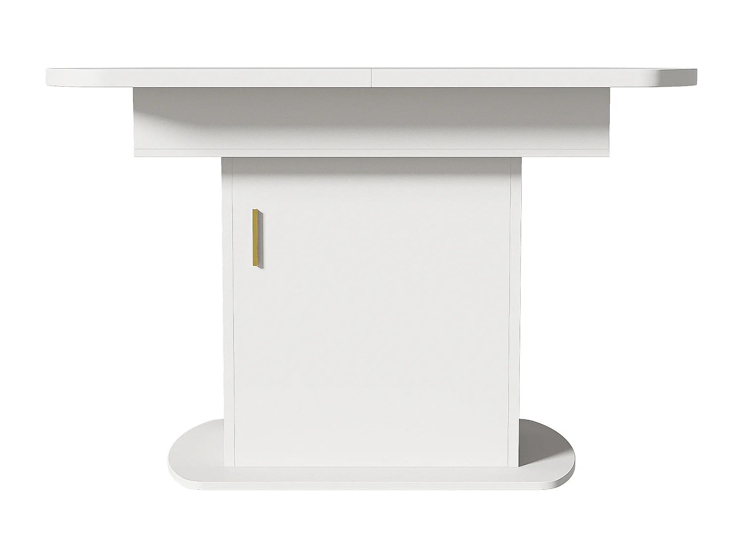 Mesa de comedor ovalada extensible - Mesa blanca con una puerta y tiradores dorados - con almacenaje