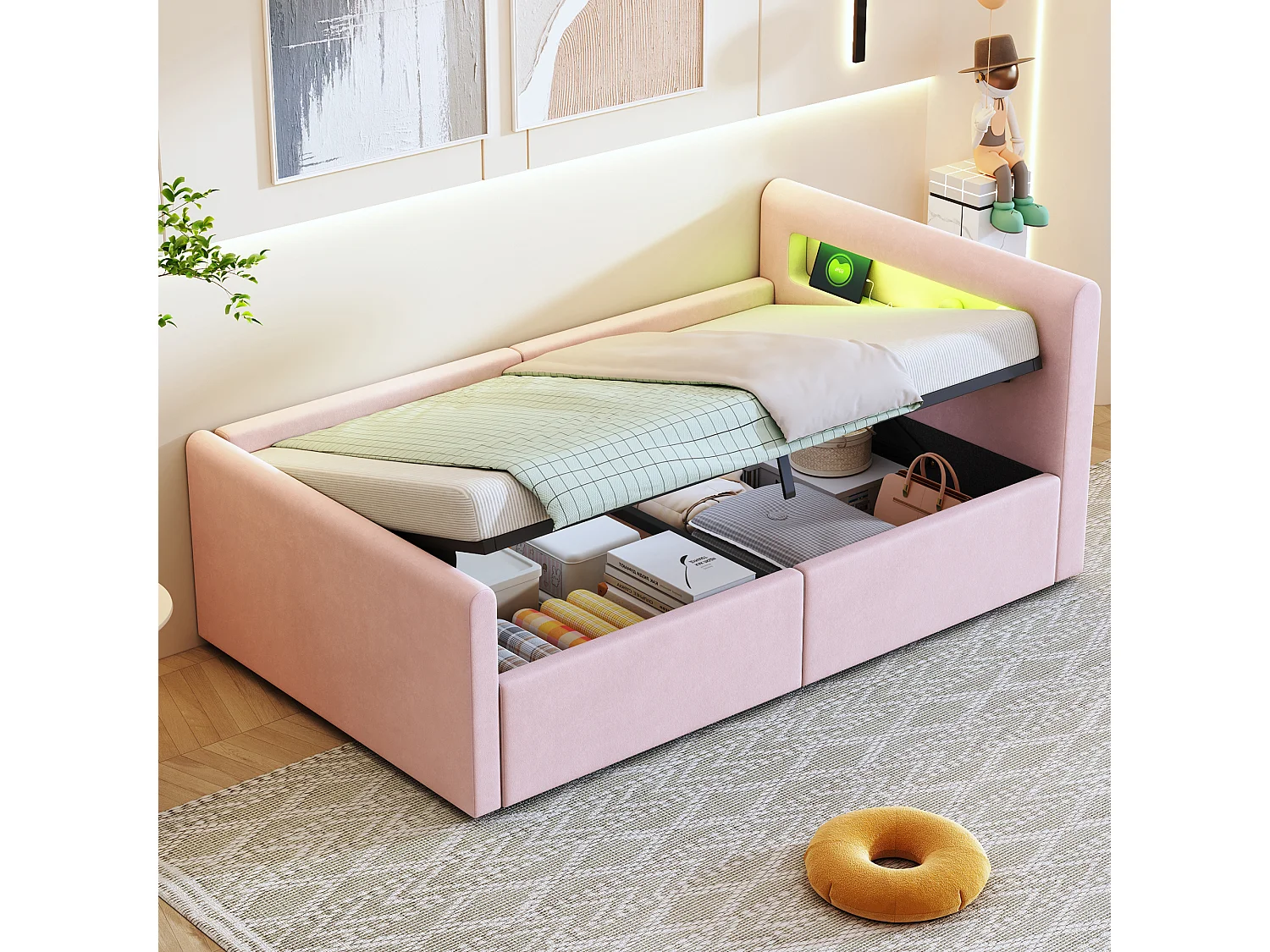 Lit coffre 90 x 200 cm - Lit enfant avec éclairage LED et port USB - tête de lit avec rangement - velours rose - matelas non inclus