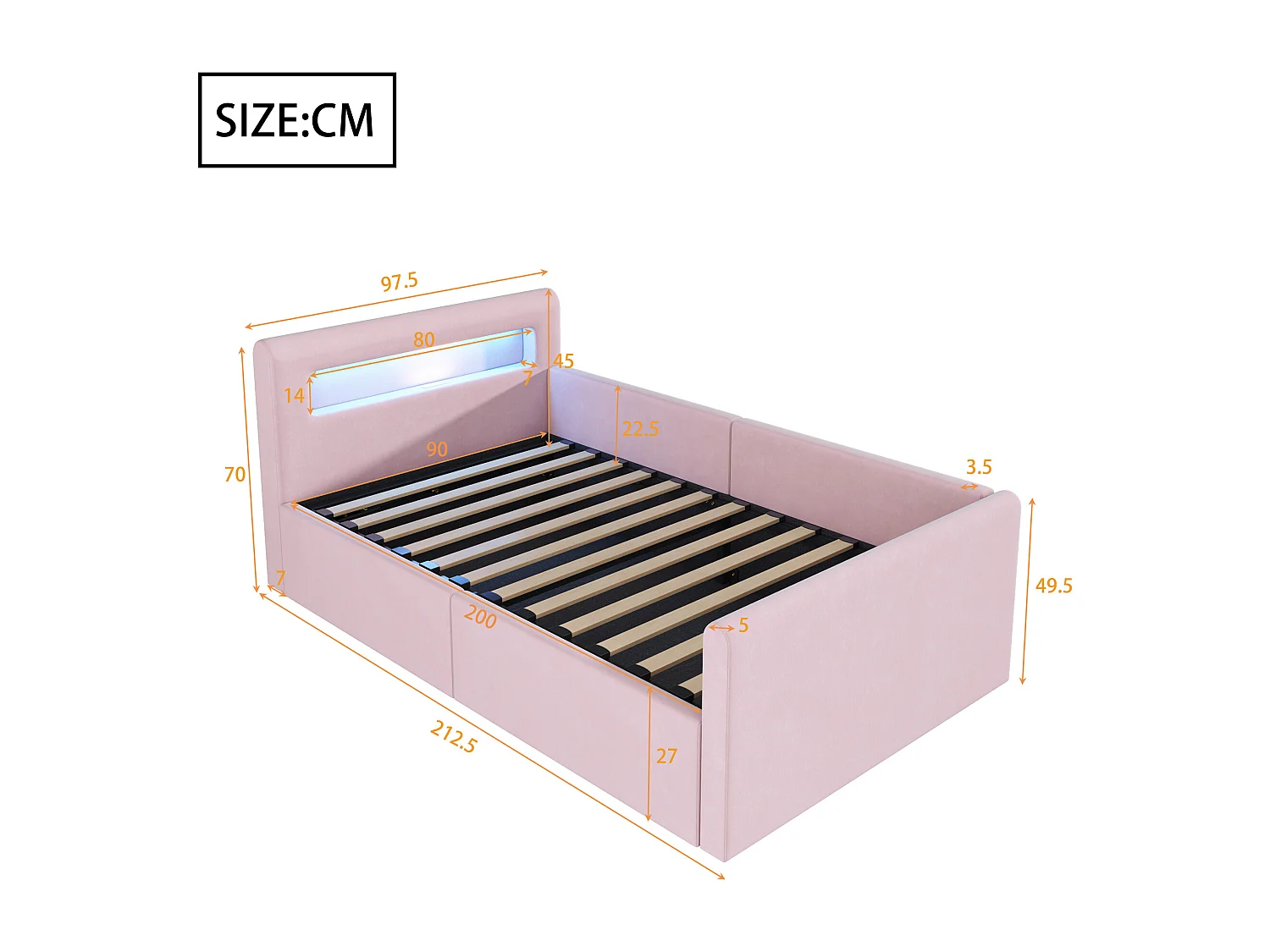 Lit coffre 90 x 200 cm - Lit enfant avec éclairage LED et port USB - tête de lit avec rangement - velours rose - matelas non inclus