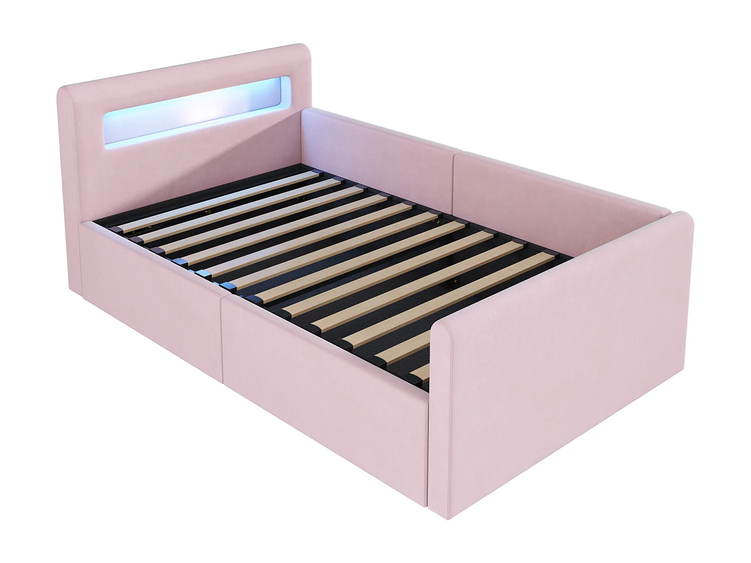 Lit coffre 90 x 200 cm - Lit enfant avec éclairage LED et port USB - tête de lit avec rangement - velours rose - matelas non inclus