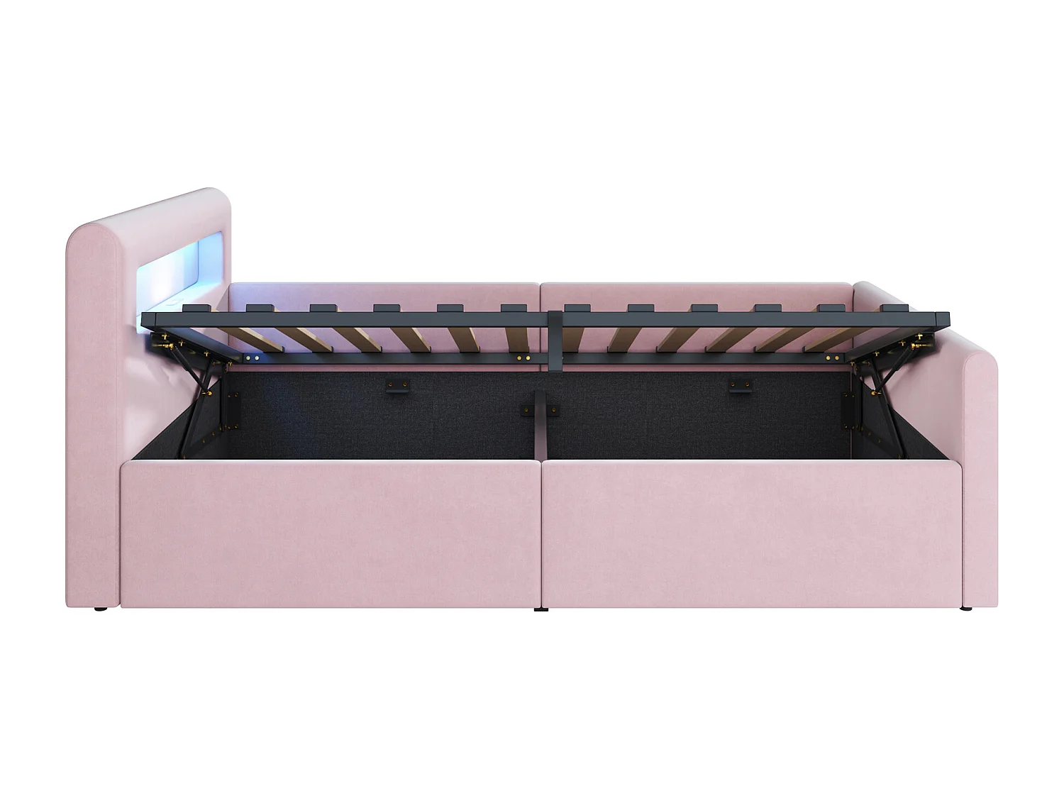 Lit coffre 90 x 200 cm - Lit enfant avec éclairage LED et port USB - tête de lit avec rangement - velours rose - matelas non inclus
