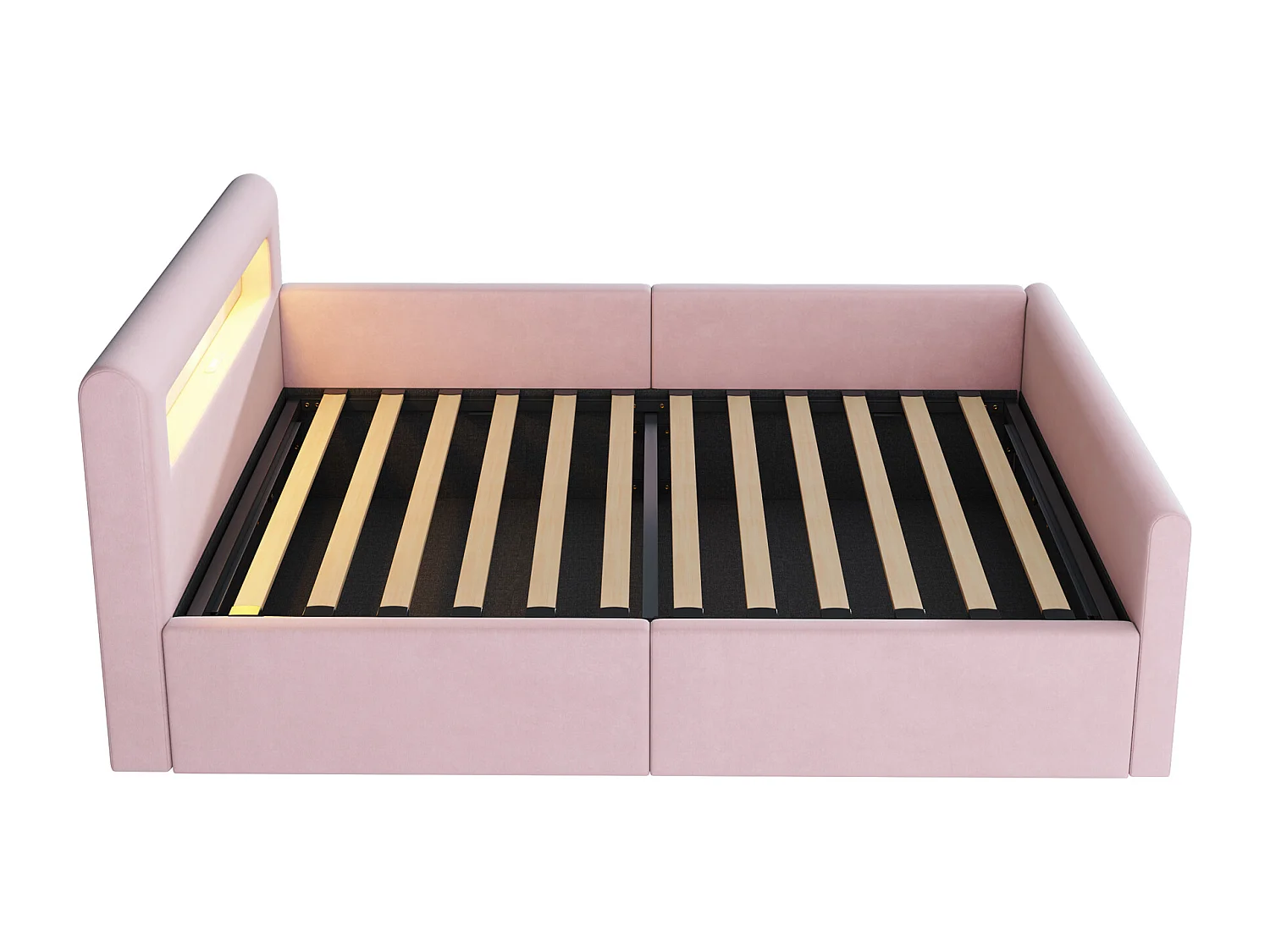 Lit coffre 90 x 200 cm - Lit enfant avec éclairage LED et port USB - tête de lit avec rangement - velours rose - matelas non inclus
