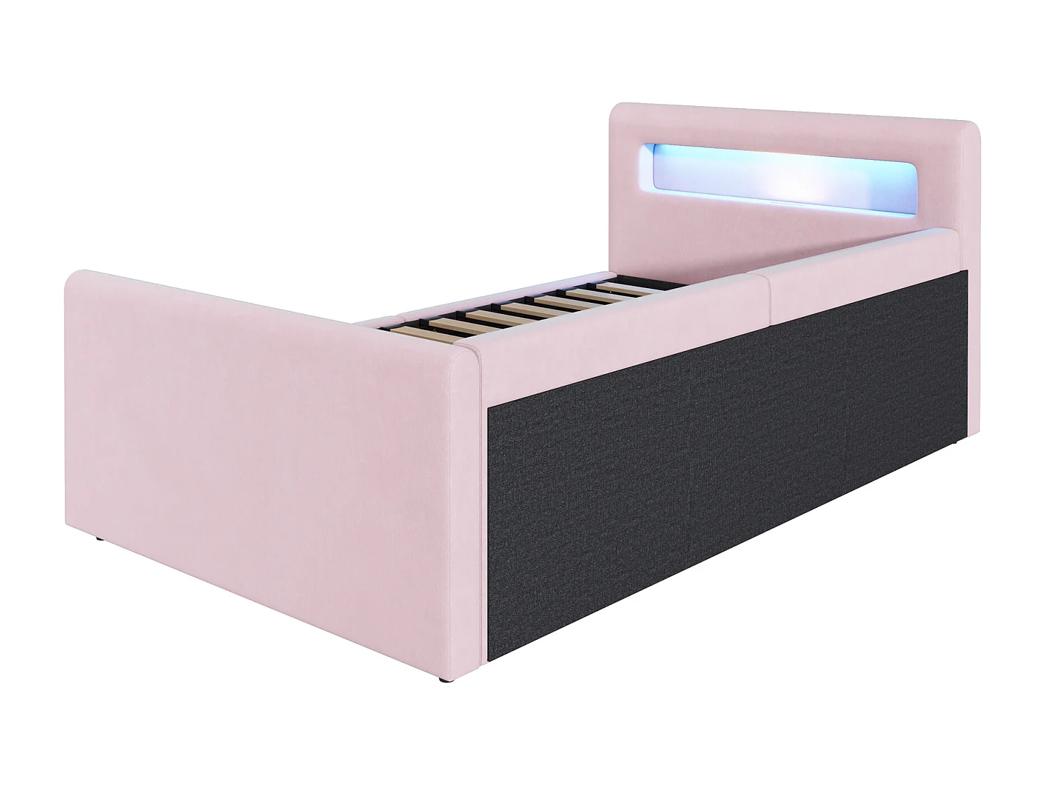 Lit coffre 90 x 200 cm - Lit enfant avec éclairage LED et port USB - tête de lit avec rangement - velours rose - matelas non inclus