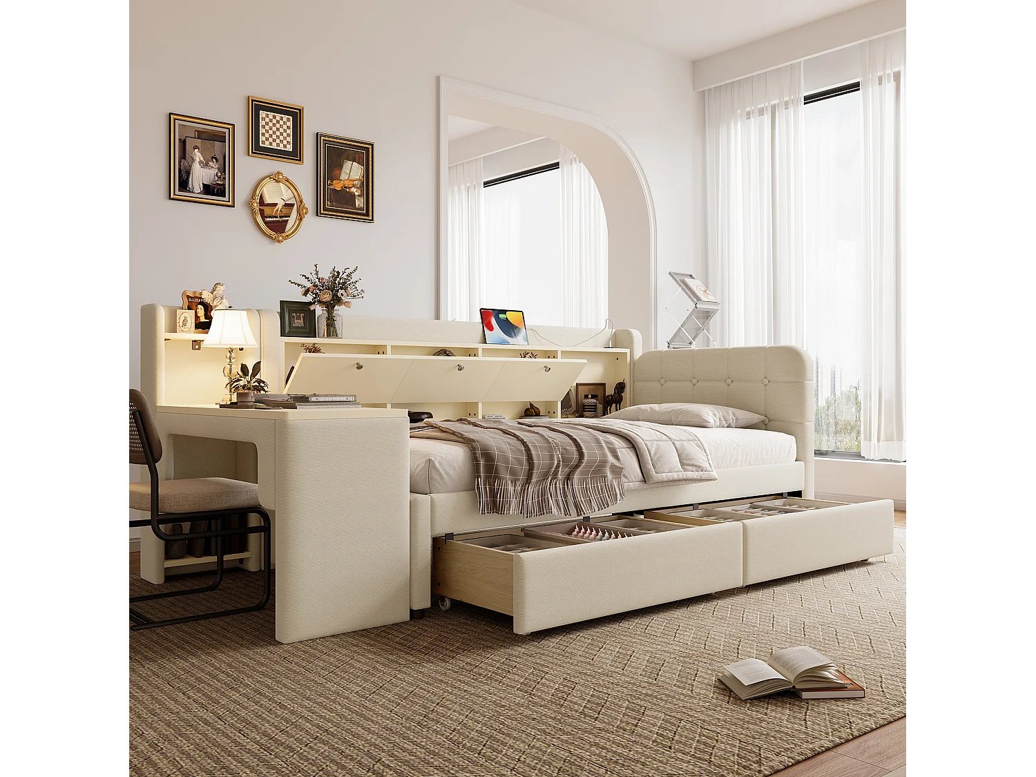 Kinderbed 90 x 200 cm - Eenpersoonsbed met 2 lades en bureau - opklapbaar opbergvak - beige linnen - matras niet inbegrepen