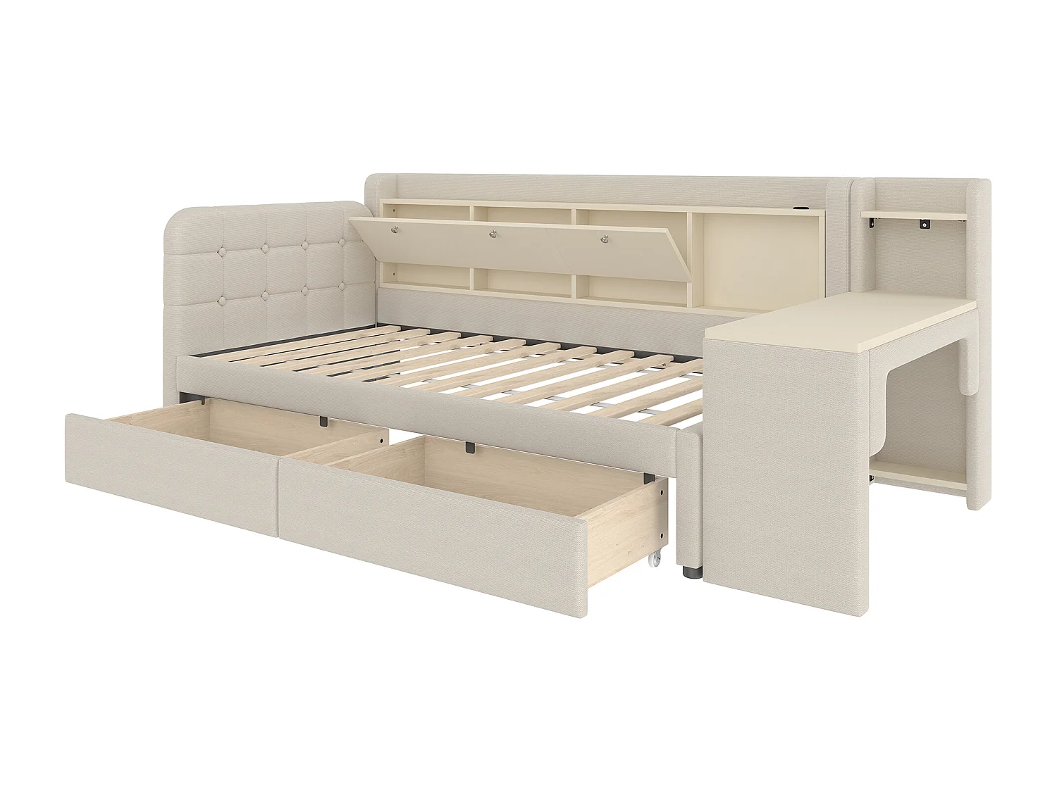 Kinderbed 90 x 200 cm - Eenpersoonsbed met 2 lades en bureau - opklapbaar opbergvak - beige linnen - matras niet inbegrepen