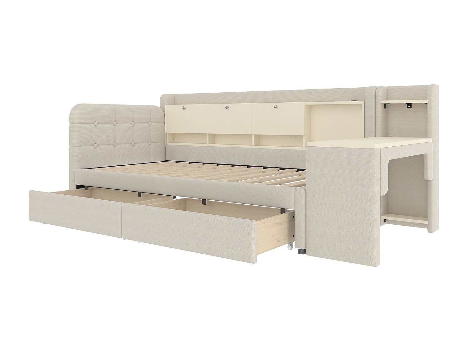 Kinderbed 90 x 200 cm - Eenpersoonsbed met 2 lades en bureau - opklapbaar opbergvak - beige linnen - matras niet inbegrepen