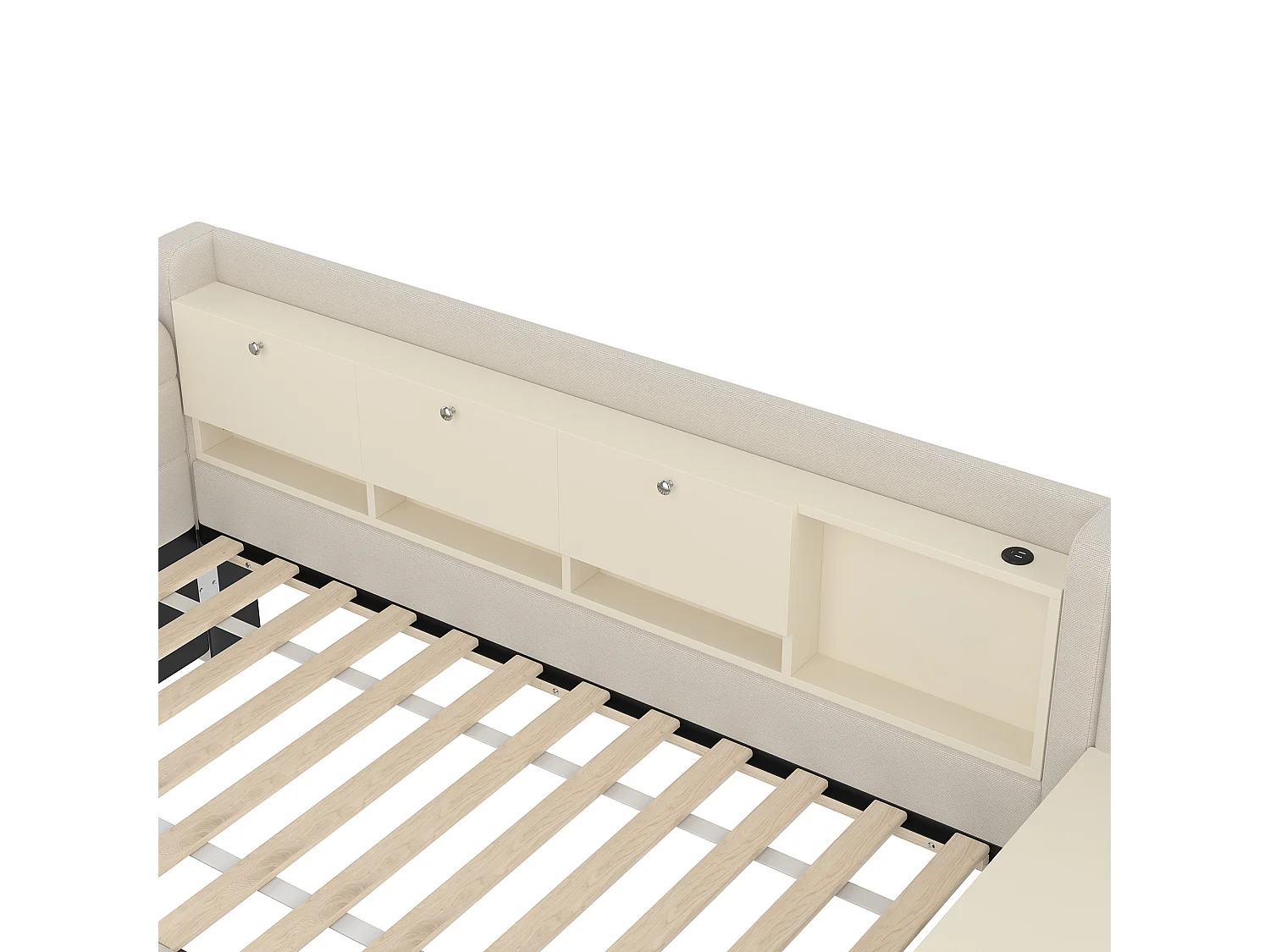 Kinderbed 90 x 200 cm - Eenpersoonsbed met 2 lades en bureau - opklapbaar opbergvak - beige linnen - matras niet inbegrepen