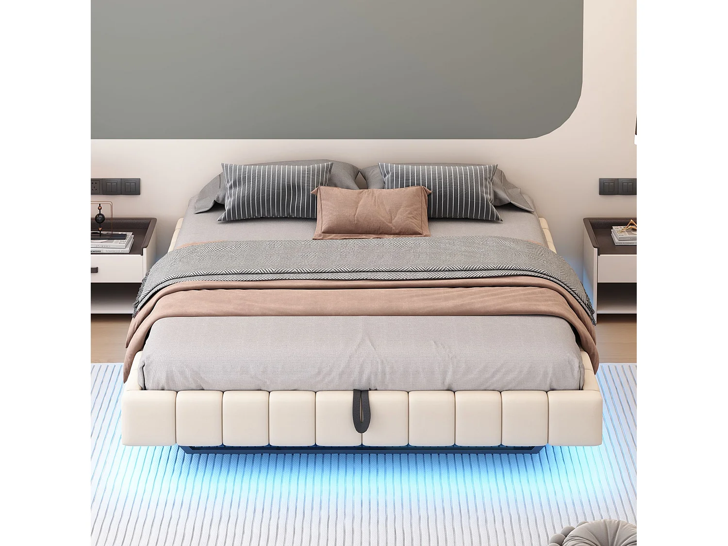 Opbergbed 180x200 cm - Volwassen bed met LED-verlichting - zonder hoofdbord - beige linnen - zonder matras