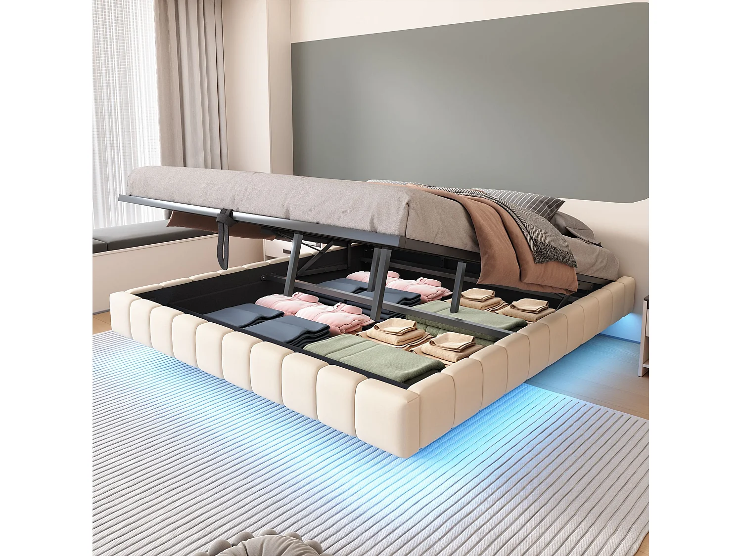 Lit coffre 180x200 cm - Lit adulte avec éclairage LED - sans tête de lit - lin beige - sans matelas