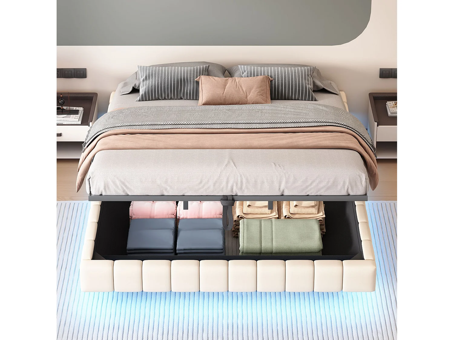 Lit coffre 180x200 cm - Lit adulte avec éclairage LED - sans tête de lit - lin beige - sans matelas